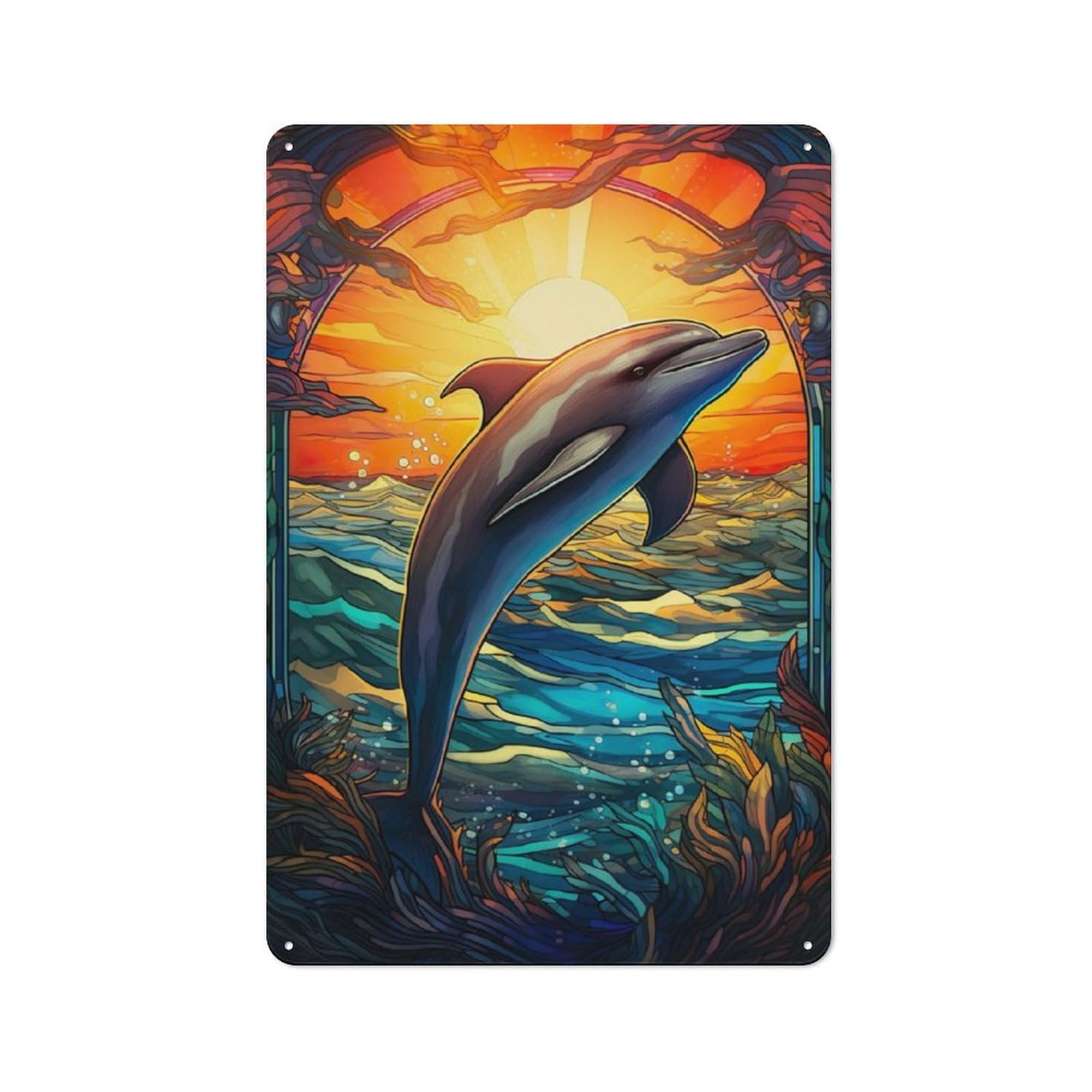 Junmoney Dolphin Stained Glass Vintage Metal Plaque 30X20cm For Living Room Or Hallway, A Christmas Gift For People Styling Living Room And Hallway