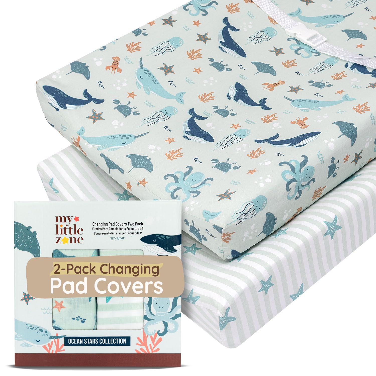 My Little Zone Nautical Changing Pad Cover Boy for Boys - Cotton Changing Table Mattress Pad for Baby - Ocean Whales, Narwhals and Star Fishes, 2 Pack-image-44