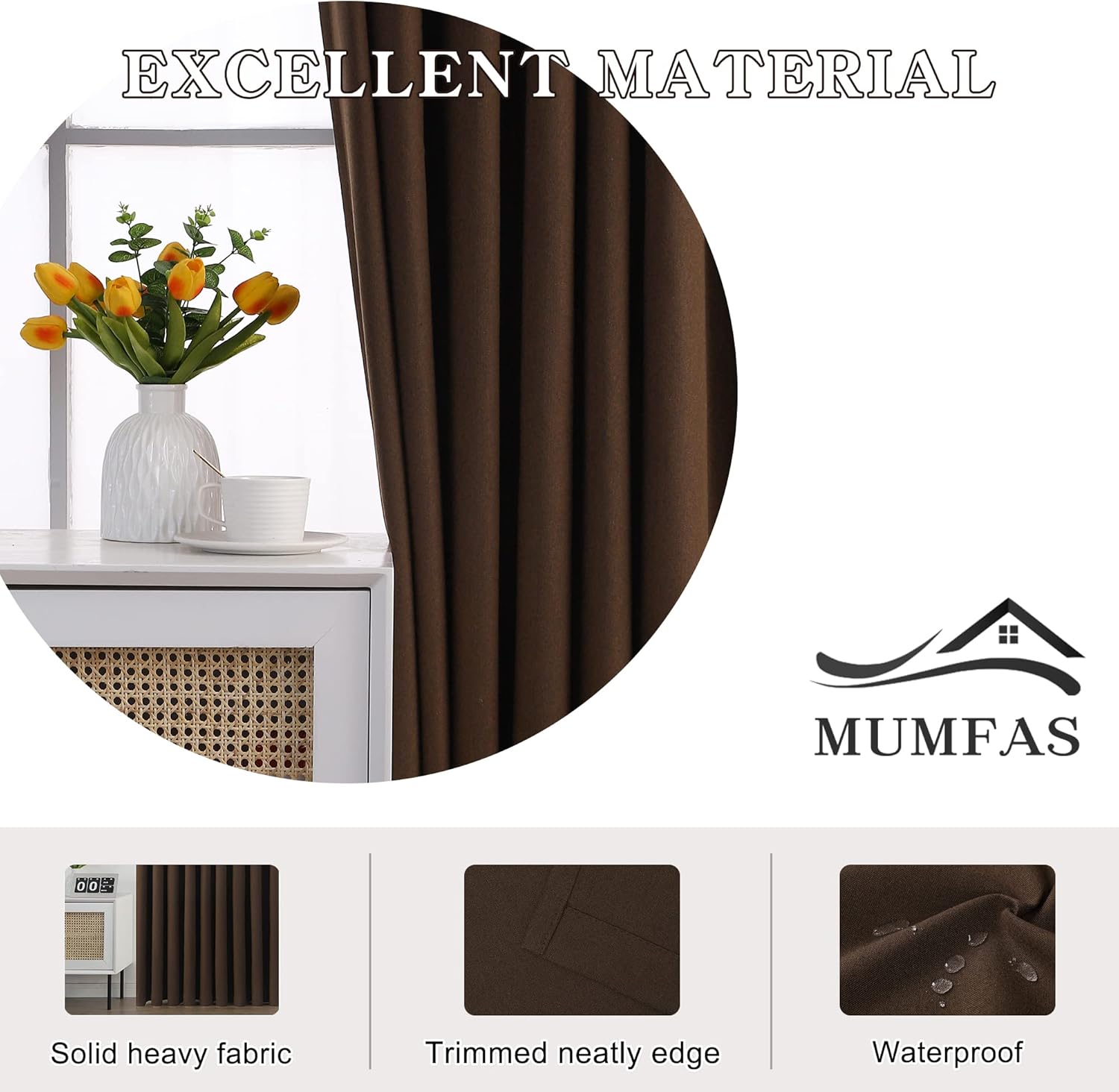 MUMFAS Blackout Pinch Pleat Curtain for Living Room Bedroom Faux Linen Drape Room Darkening Thermal Insulated Waterproof Pinch Pleated Curtain for Traverse Rod and Track Brown,1 Panel 54W x108L