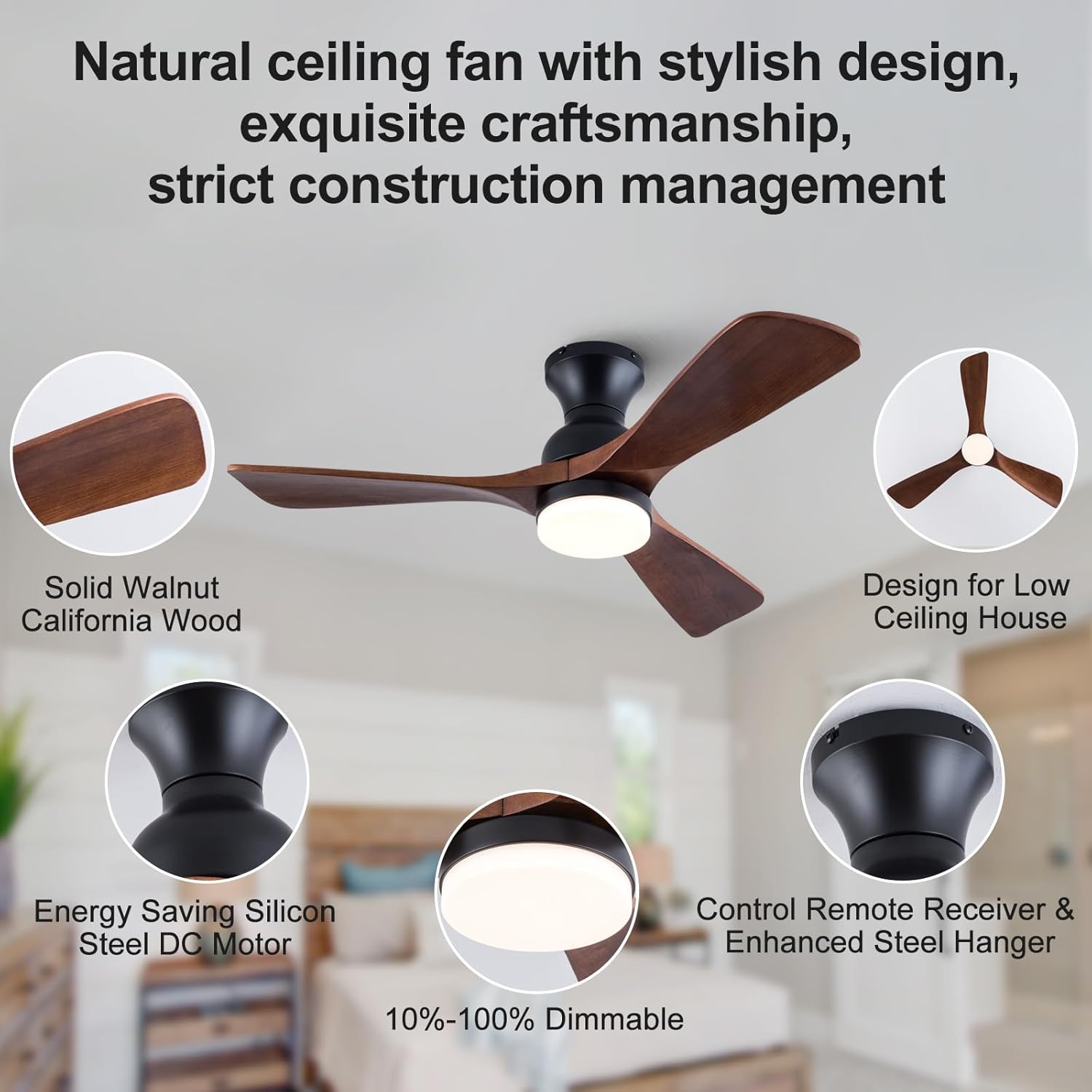 42 Inch Low Profile Ceiling Fan with Light and Remote, Dimmable LED Light, Quiet DC Motor Flush Mount Ceiling Fan, Wood Hugger Ceiling Fans with Lights, Indoor Outdoor Black - Image 6