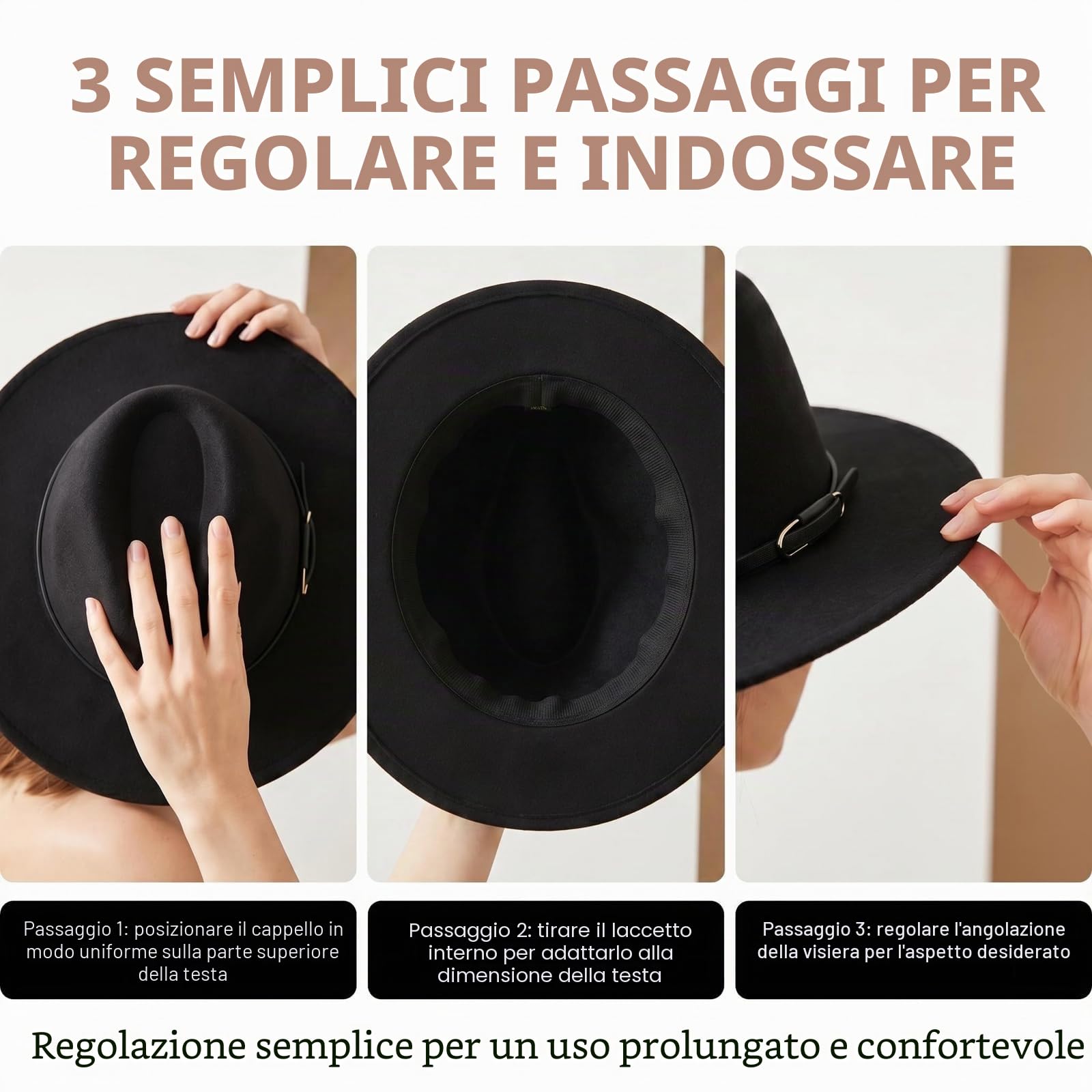 Ericotry Cappello Fedora con tesa larga – Classico cappello in feltro nero con fibbia per cintura, Trilby, Panama, stile derby, Nero , m