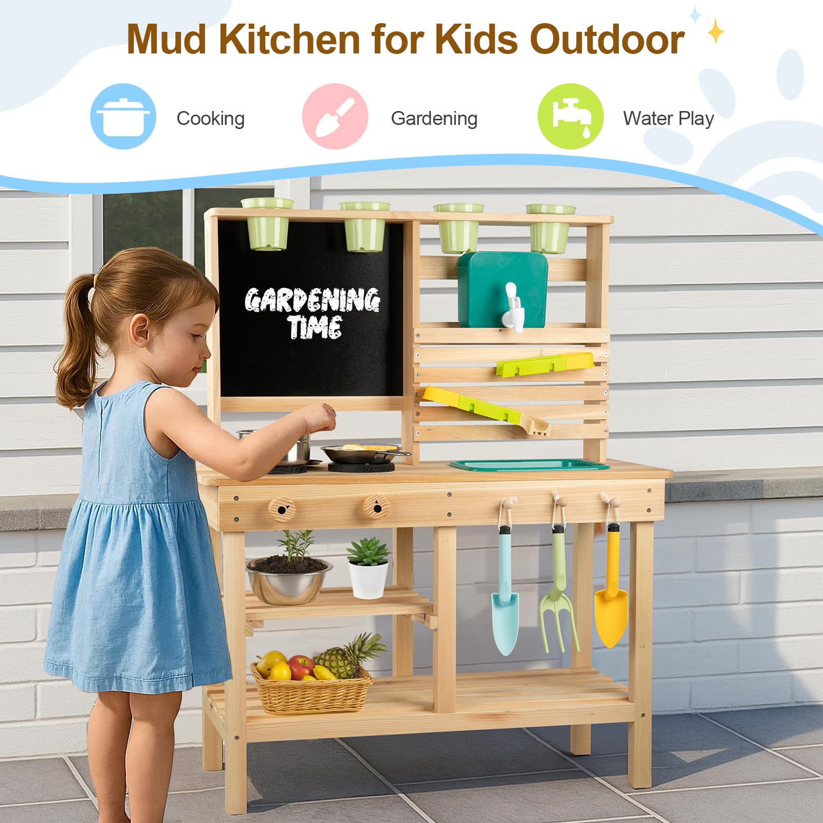 [Construcción de ensueño] Cocina de barro para niños al aire libre, juego de cocina de madera para niños pequeños con fregadero, utensilios de cocina, estufa, pizarra, grifo y estantes de 8