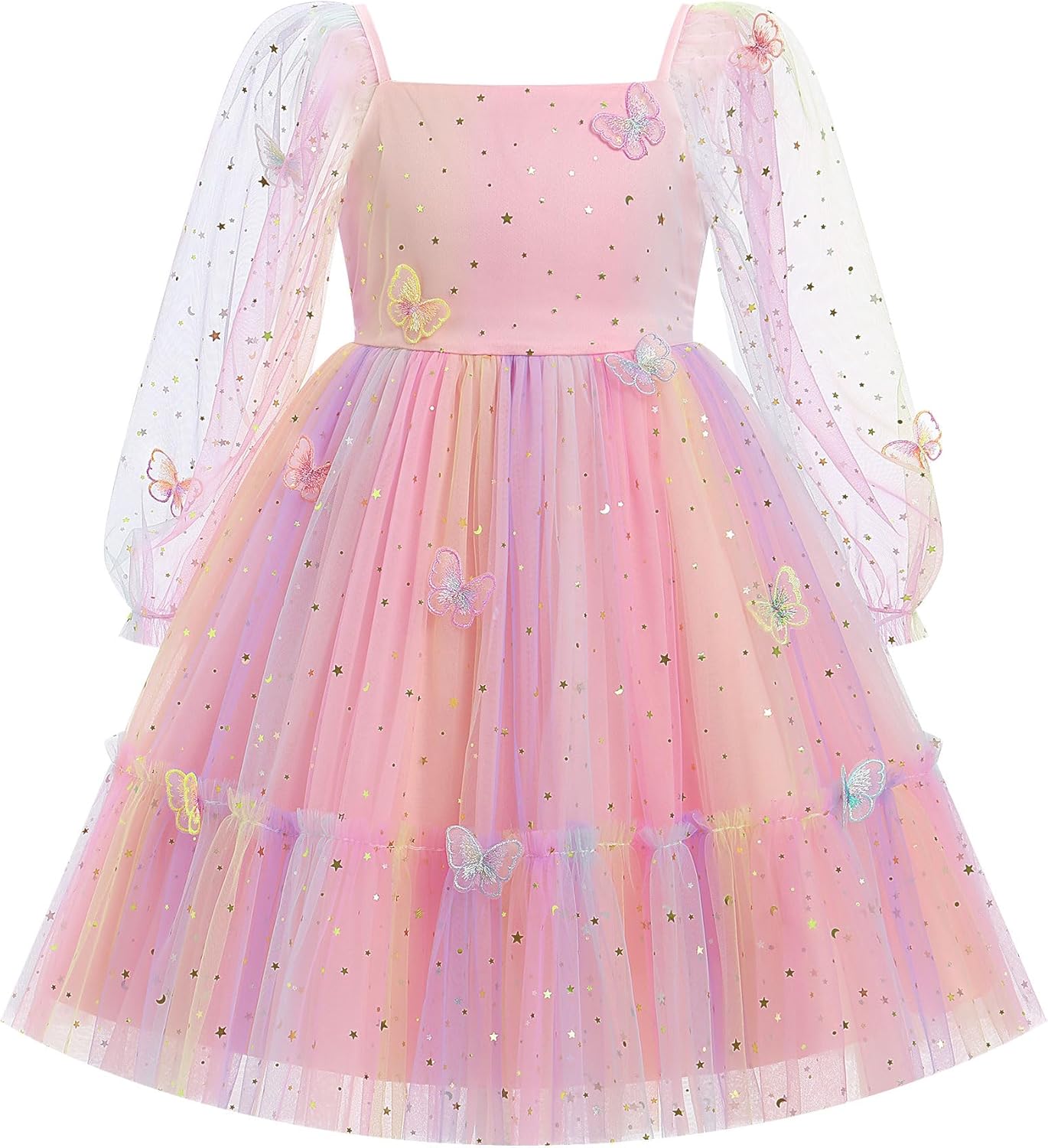 IMEKIS Toddler Kids Girl Butterfly Dress Sparkly Rainbow Tulle Wedding Party Long Sleeve Fall Photo Shoot Outfit 2-10T