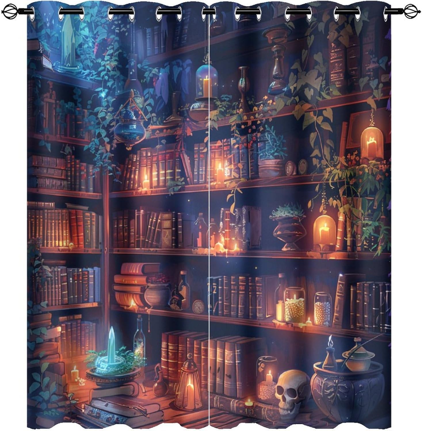 Classic Skull Bookshelf Grommet Blackout Curtains for Bedroom, Fantasy Candle Library Thermal Insulated Curtains Room Darkening Window Drapes, 21W x 45L, 2 Panels