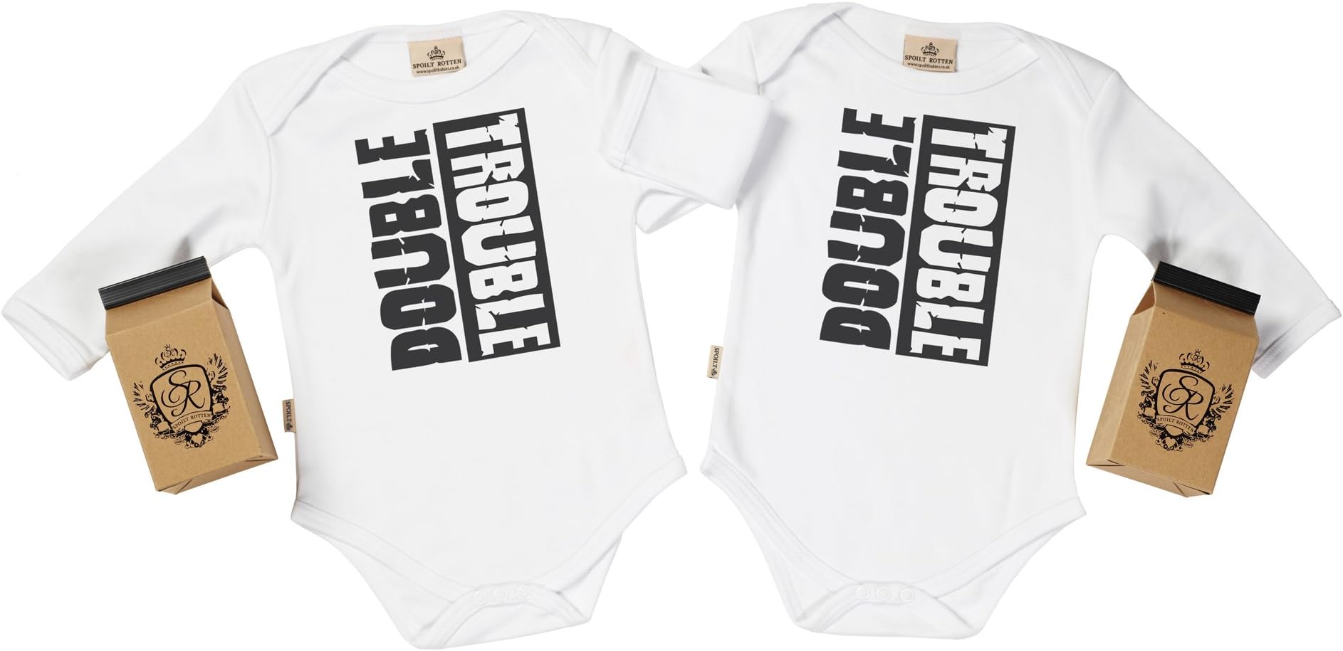 SR - Gift Boxed Double Trouble Organic Baby Twins Gift Set - Baby Twins Baby Bodysuit Set - Baby Twin Gift - Baby Twins, White, 0-6M