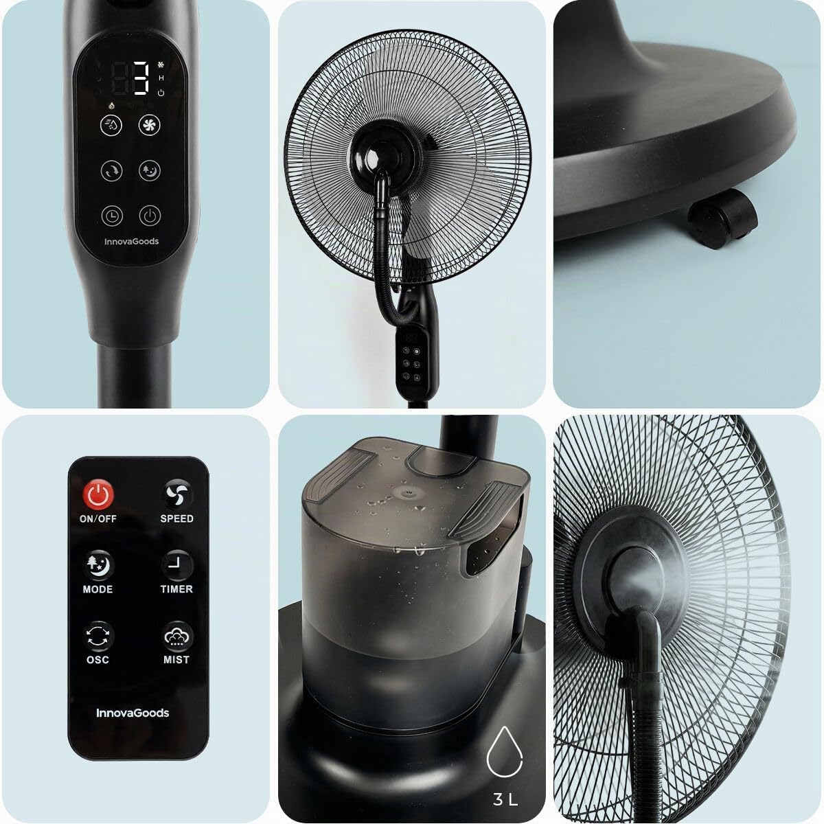 InnovaGoods - Ventilador de pie con nebulizador de 3 intensidades, mando a distancia, panel táctil, 3 velocidades, 3 modos, oscilante 80º, temporizador, ruedas, motor de cobre, silenciador, 90 W