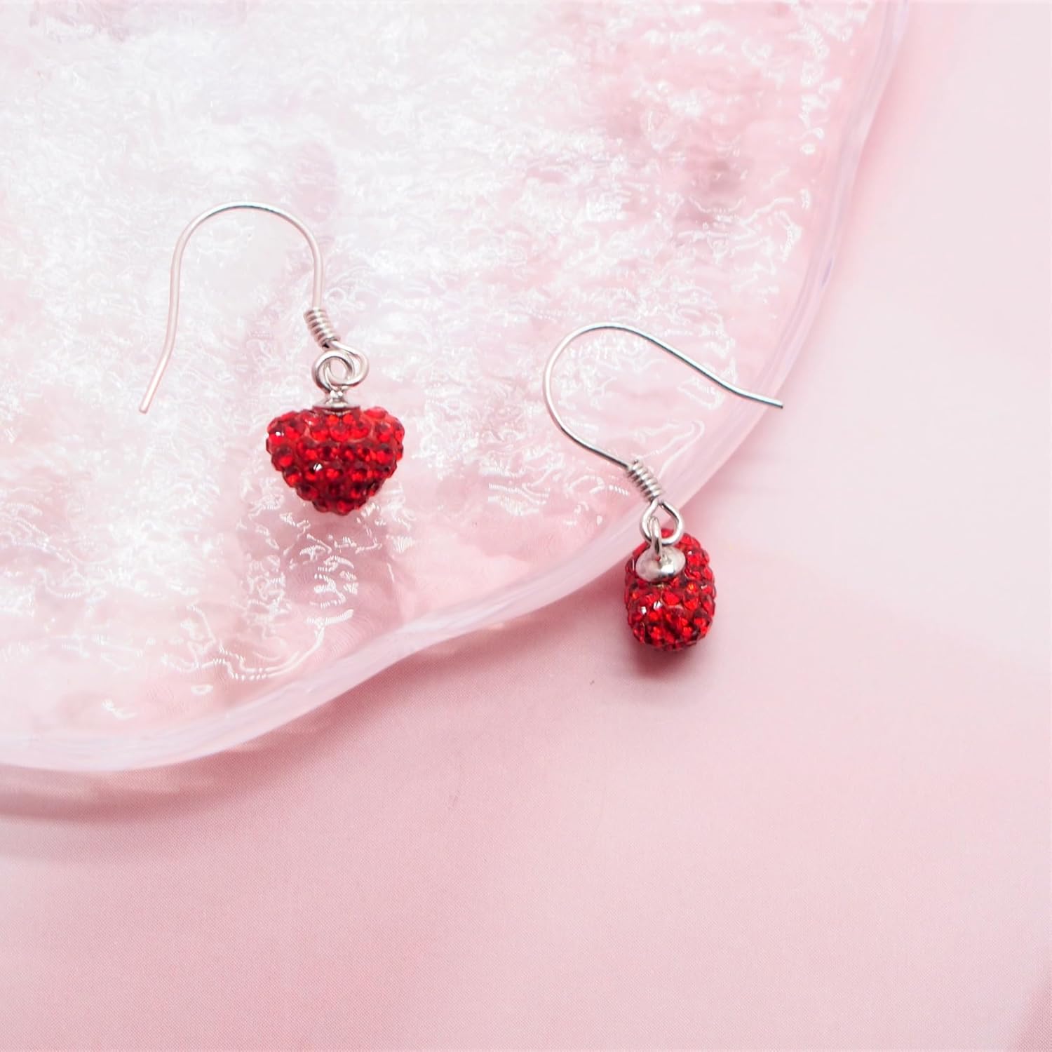 Red Crystal Love Heart Drop Earrings for Women, 925 Sterling Silver Fashion Dangle Earring Hypoallergenic Hook Earrings