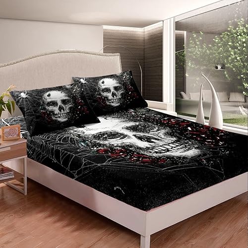 Miniatura 2 de Juego de sábanas de calavera de azúcar para niños, niñas, adolescentes, con temática de Halloween, transpirable, diseño de esqueleto, juego de