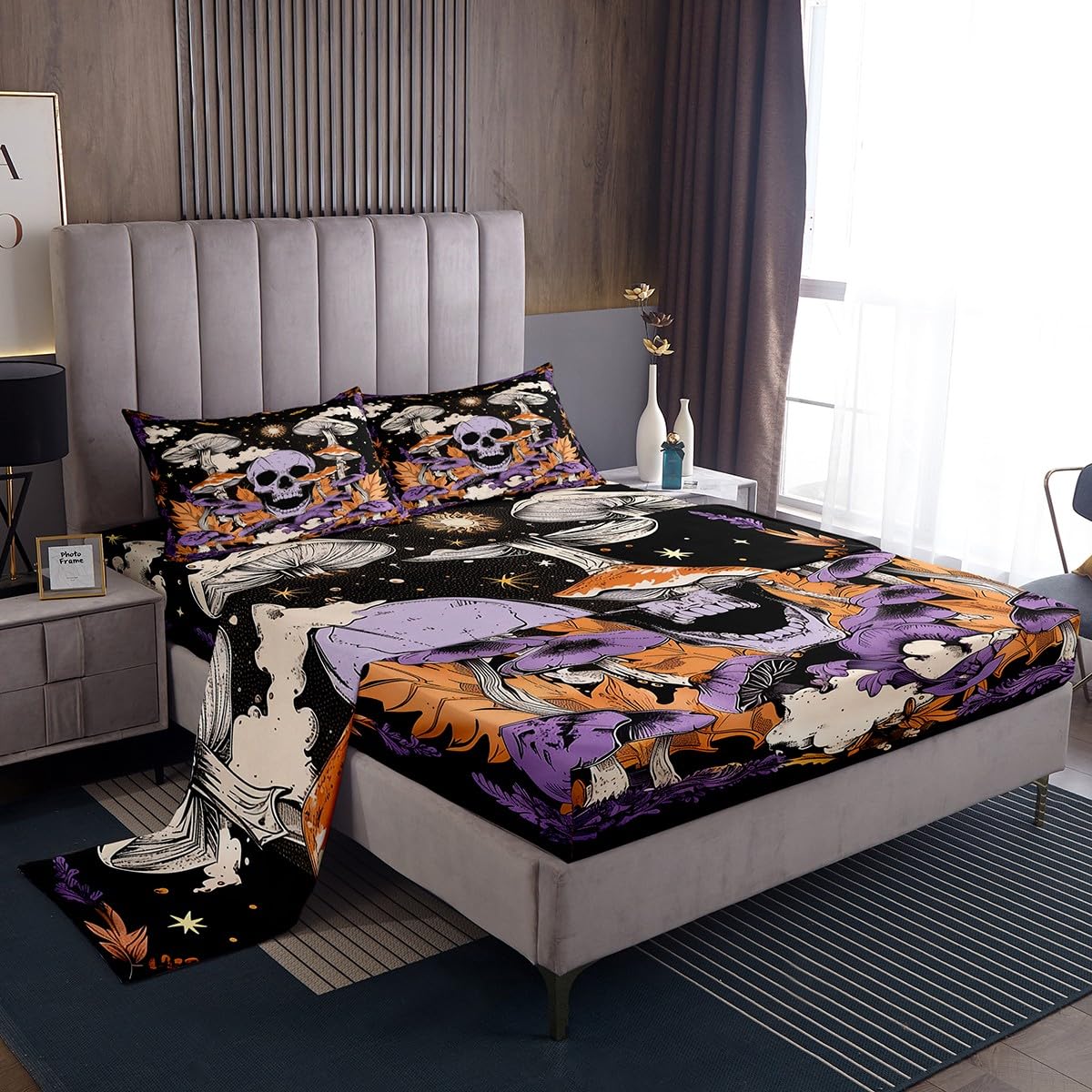 Feelyou Halloween Bed Sheets Set Queen Size Goth Sheet Set for Kids Boys Girls Decor Sugar Skull Cute Mushroom Decor Sun Moon Sheets with Deep Pocket