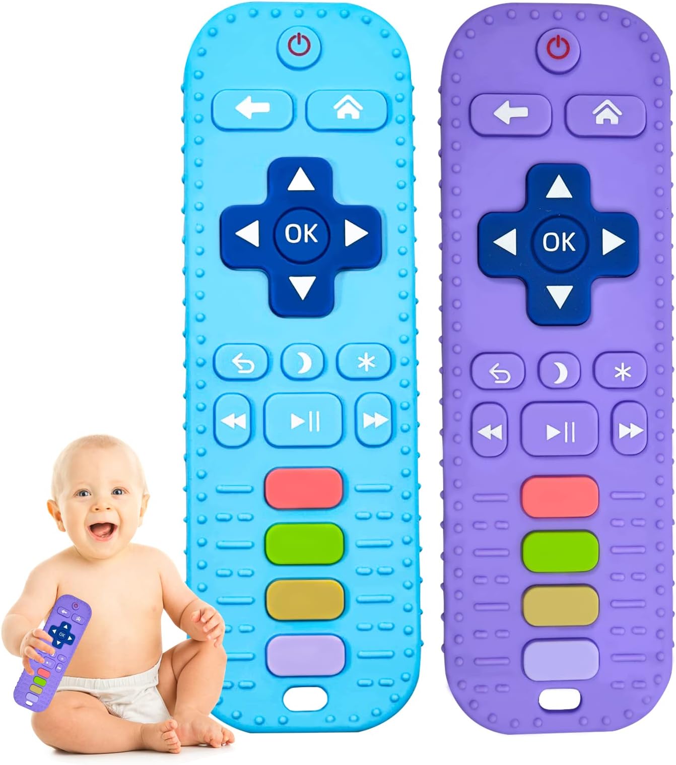 Teething Toys for Baby, 2Pack Baby Teething Toys 0-6 Months Remote Control Silicone Baby Teethers 6-12 Months, Baby Toys Baby Infant GITS 3 6 12 Months BPA Free Blue+Purple