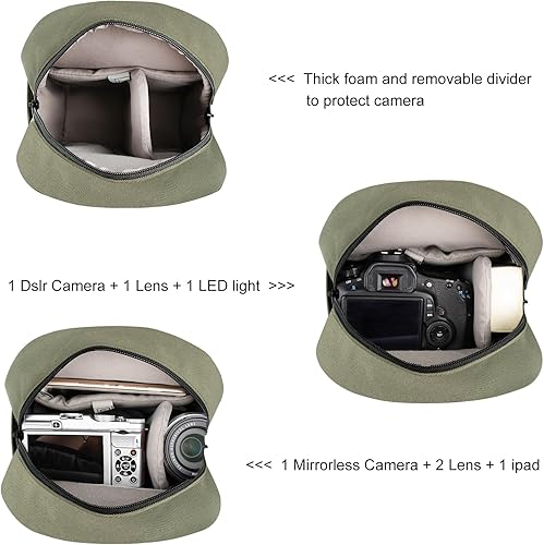Miniatura 18 de TULLIO Bolsa para cámara pequeña de lona, bolso cruzado impermeable para cámara DSLR para fotógrafo Verde militar,Negro-Gris,Blanco apagado,Verde