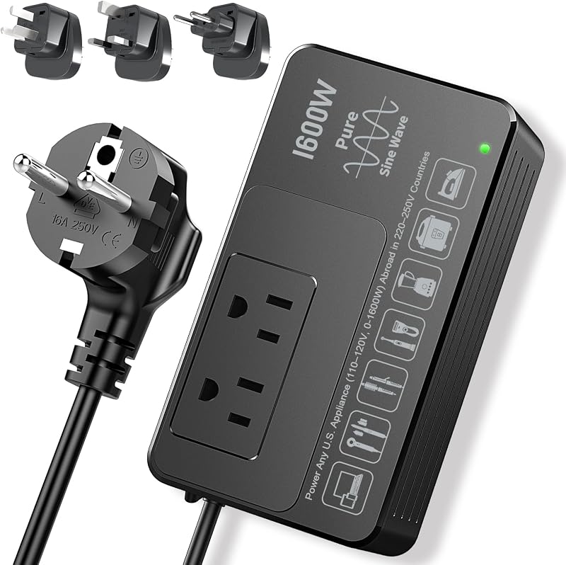Convertidor de 1600 W de 220 V a 110 V alimenta cualquier electrodoméstico estadounidense en países de 220-250 V | Convertidor de voltaje para viajes internacionales de EE. UU. a Europa, onda sinusoidal pura, Plug & Play, sin limitaciones, protegido contra sobretensiones