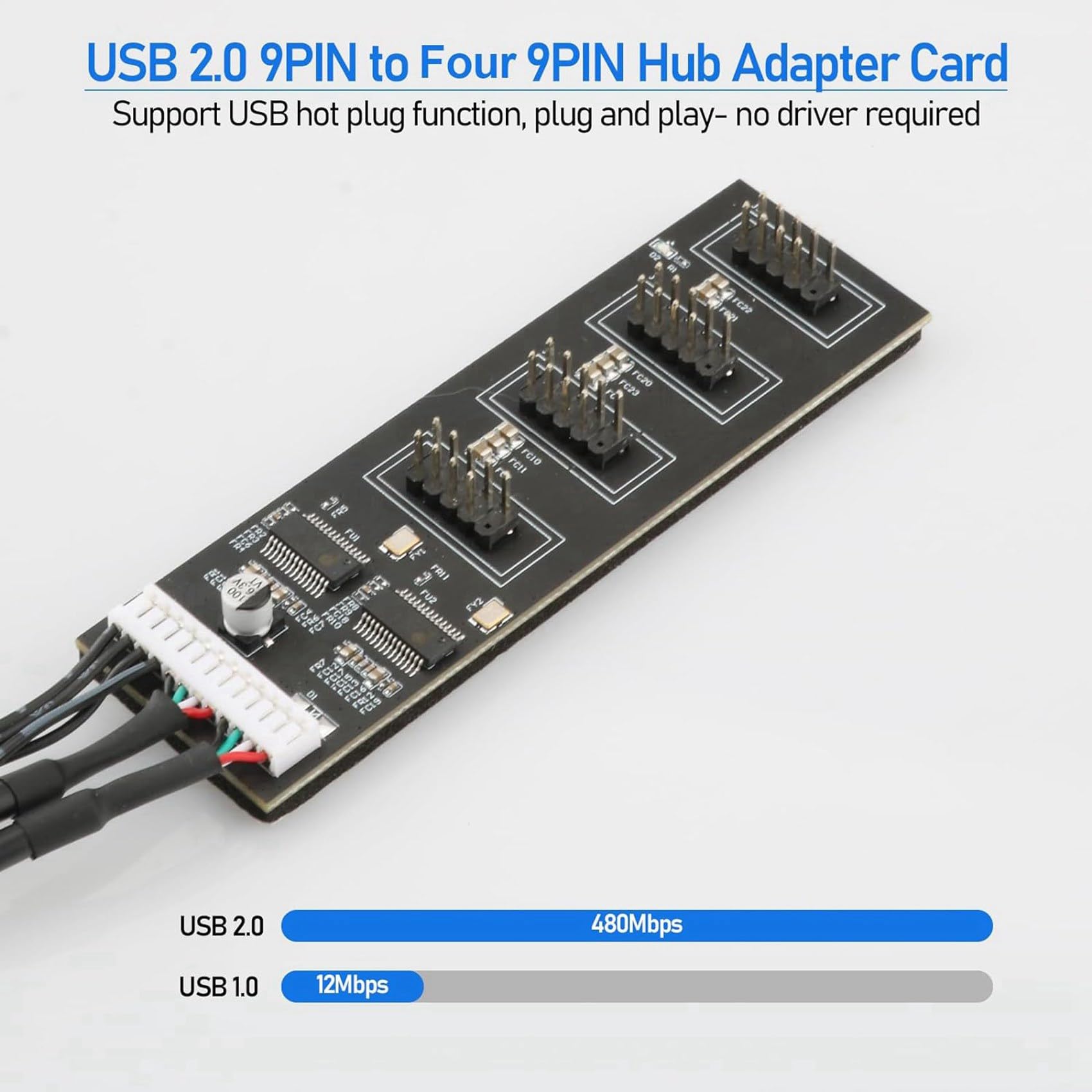 5X 9-pinowy rozgałęźnik USB z kablem zasilającym , wewnętrzny koncentrator USB, złącze rozgałęźnika USB 2.0 do płyty głównej
