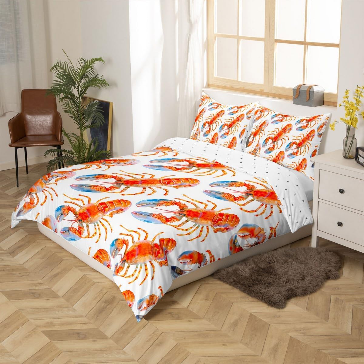 Erosebridal Lobster Bedding Set Toddler Size,Sea Animal Comforter Cover for Kids Boys Girls Teens,Ocean Life Duvet Cover Aquatic Organism Bed Set with 1 Pillow Case
