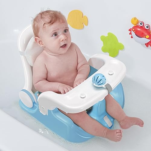 BabyBond Asiento de baño para bebé con 2 modos, ajuste de 3 velocidades, potentes ventosas, silla de bañera infantil con almohada lavable, plegable