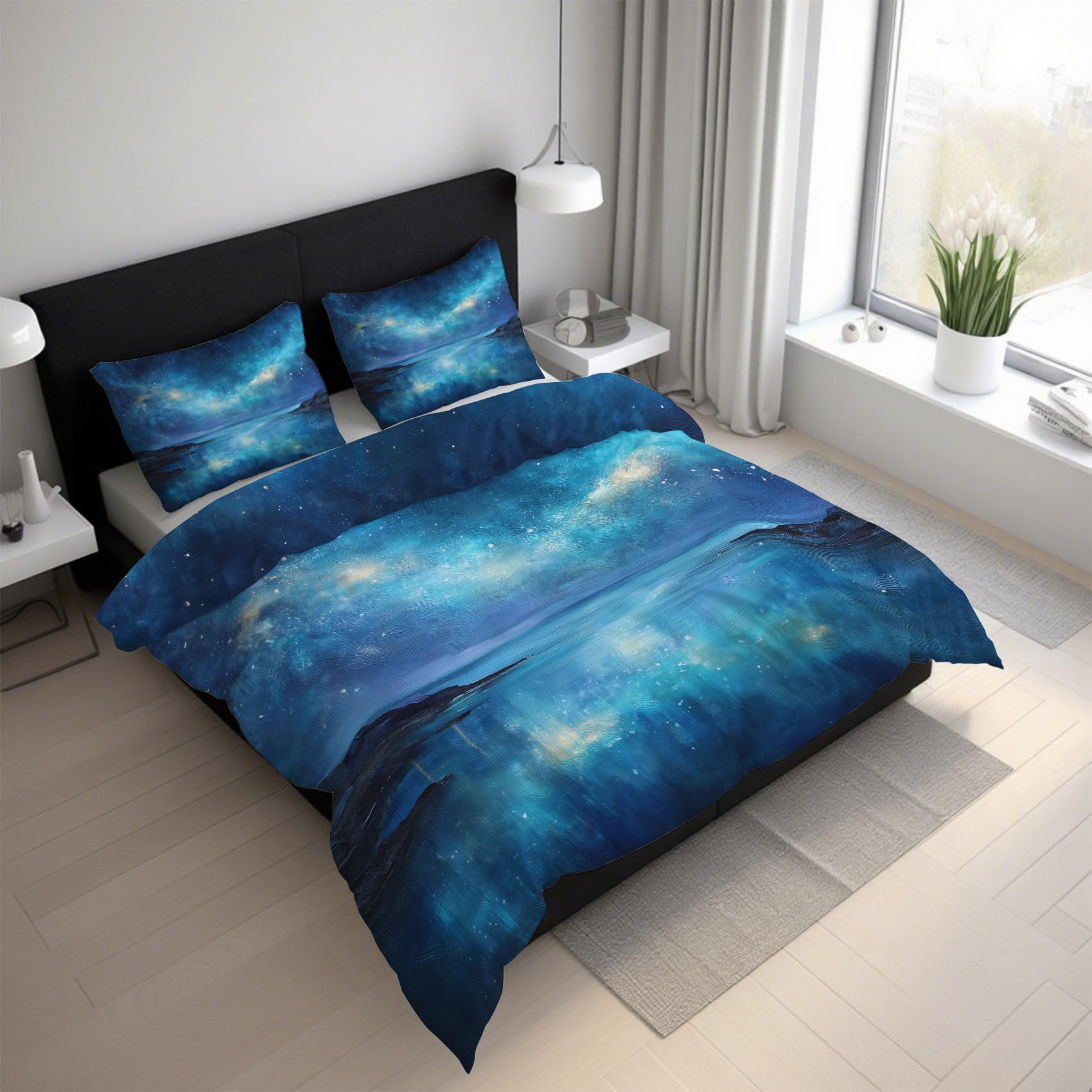 Housse de couette 220x240 ciel étoilé bleu parure de lit microfibre avec fermeture éclair L-31