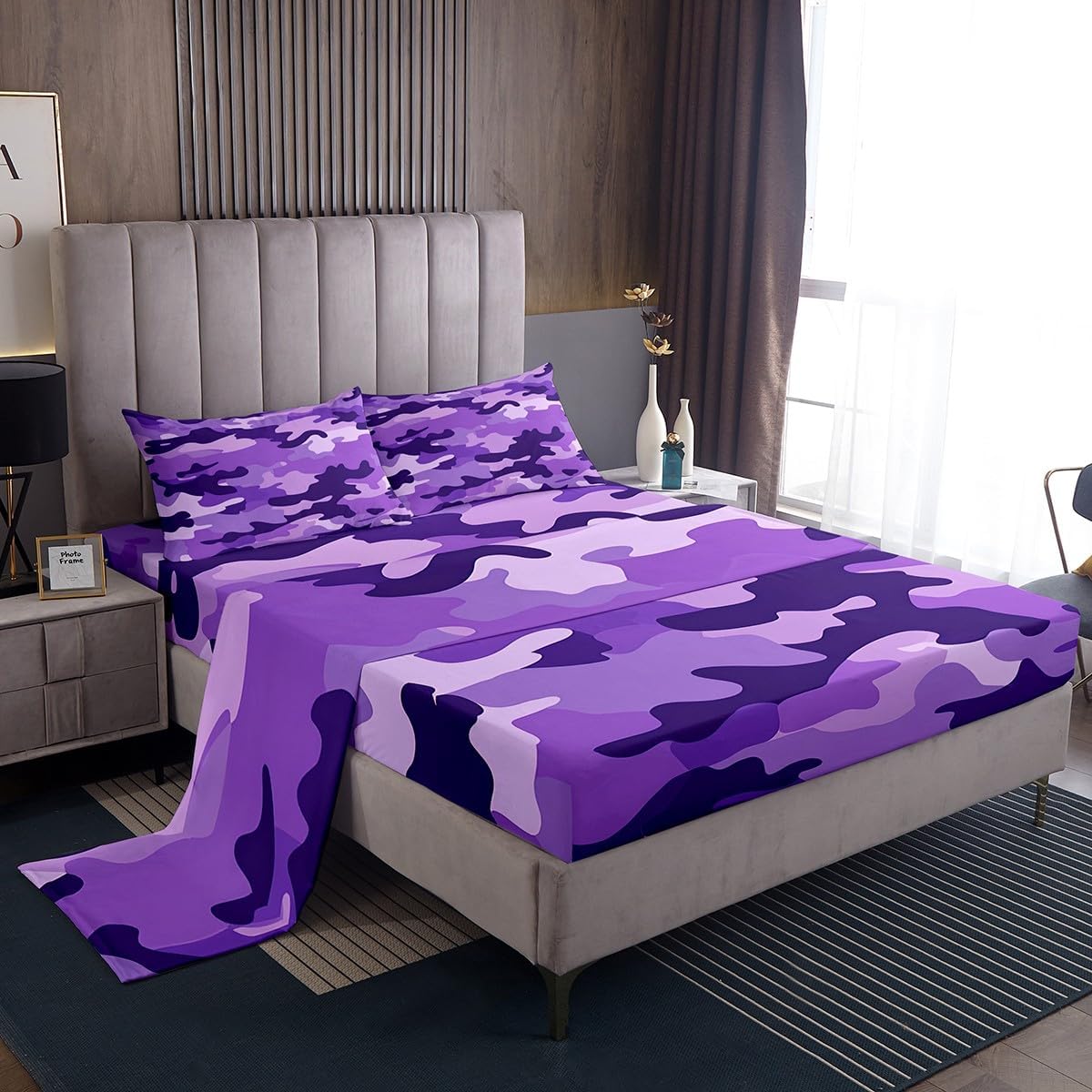Castle Fairy Purple Camo Bed Sheet Queen Size Army Camo Sheets Sets Adults Bedroom Decor Camouflage Microfiber Bedding Set with Flat,Fitted Sheet,2 Pillow Cases