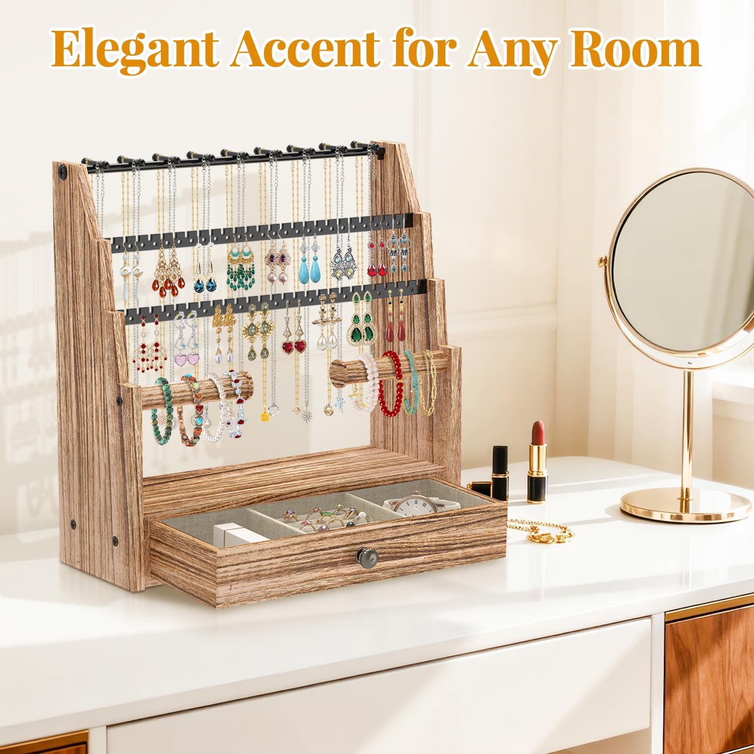 EsLuker.ly Earring Necklace Holder Jewelry Stand Organizer, Wood Bracelet Display Tree Rack for Women Vendors, Tiered Jewelry Tower Storage with Rings Drawer Base, 18 Necklace Hooks & 102 Holes