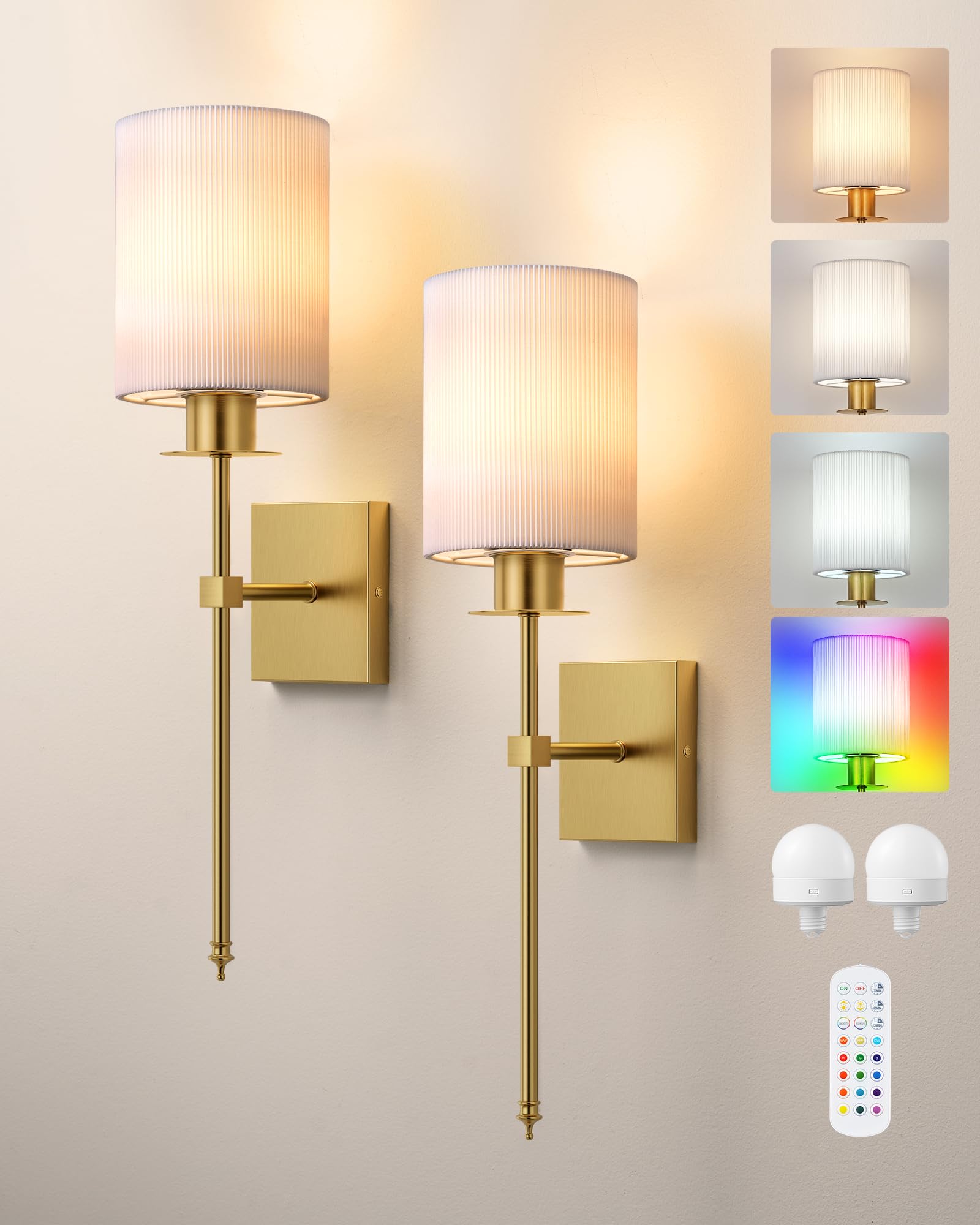EDISHINE 2er Set Akku Wandleuchte Innen, RGBW LED dimmbar, Weiß & Bronze | E27 inkl. LED, kabellos, USB-C aufladbar, Fernbedienung, 12 Farben, 2 Modi, 3 Farbtemperaturen