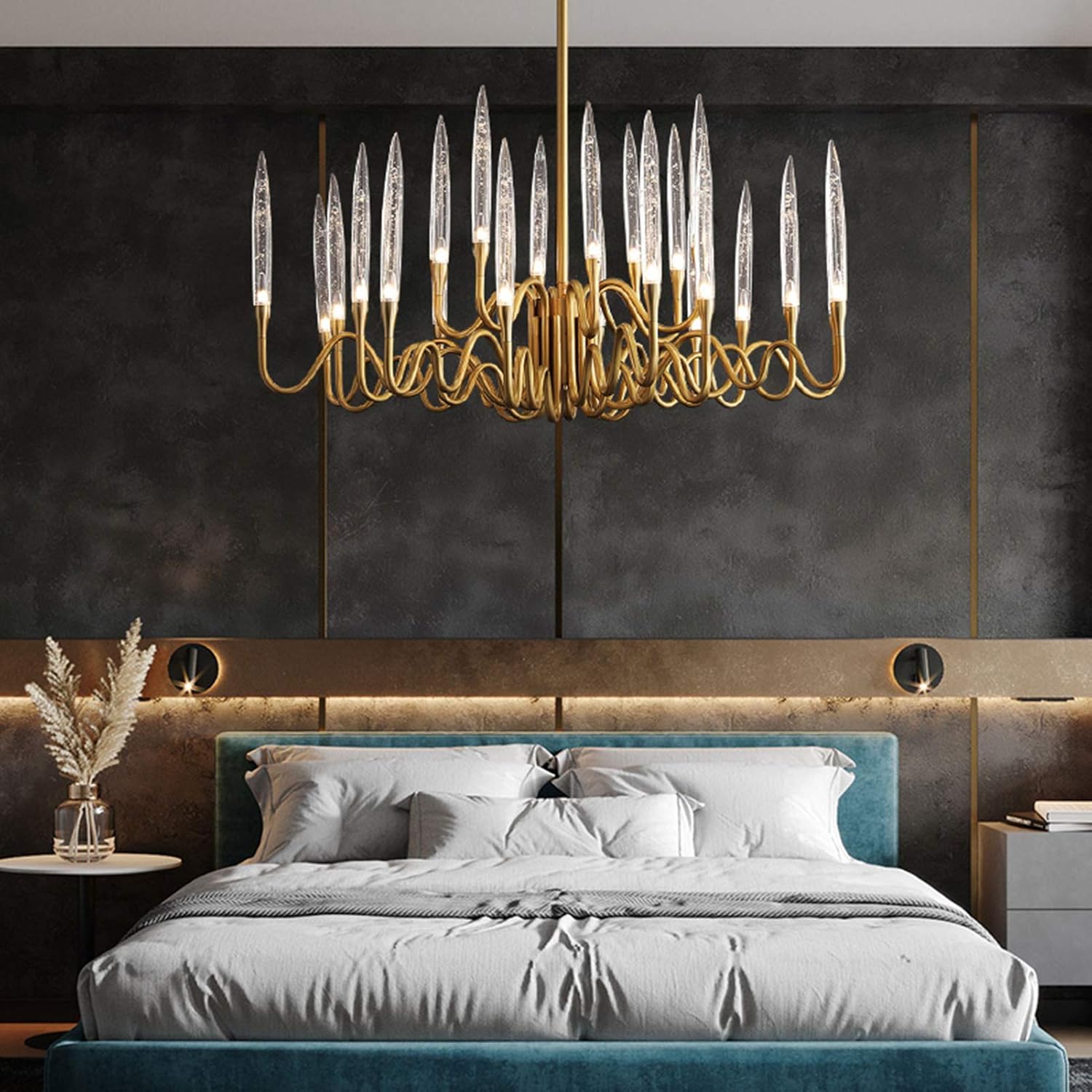 SteFik Modern Crystal Chandeliers Candle Brass Pendant Light Adjustable Ceiling Light Chandelier Lighting Fixture Compatible with Bedroom,Hallway,Bar,Kitchen,Bathroom,Dining Room,Pendant
