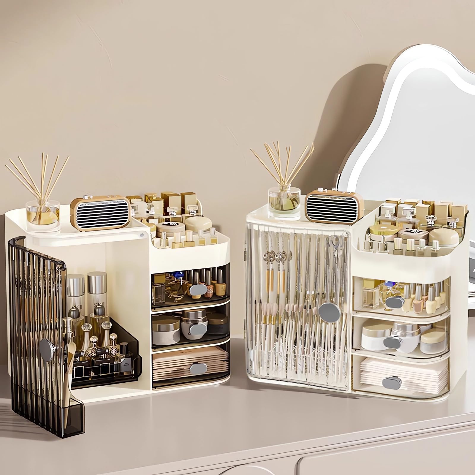 DASITON Make up Kosmetik Organizer mit 3 Schubladen,Großer Kosmetik Aufbewahrung Pinsel Organizer mit Spiegel,Makeup Organizer Schmink Aufbewahrung für Schminktisch,Badezimmer(Schwarz-Creme)