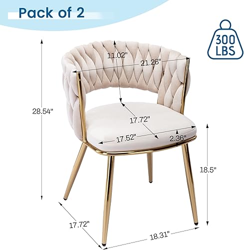 Miniatura 3 de KCC Juego de 2 sillas de comedor modernas de terciopelo, sillas tapizadas para sala de estar con respaldo tejido y patas de metal dorado, silla