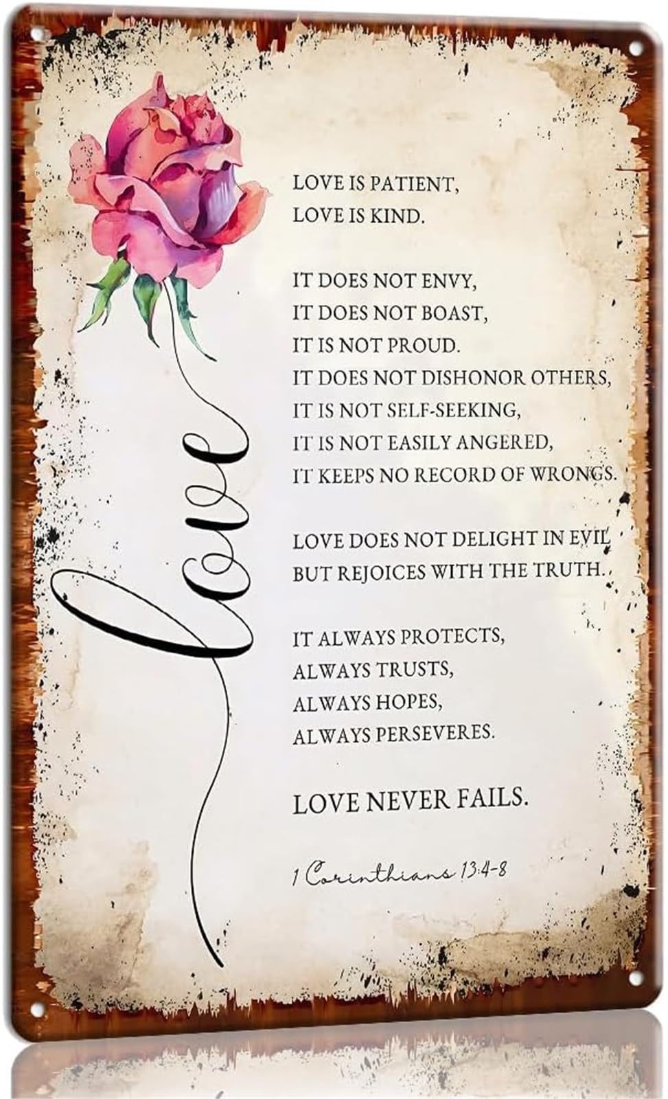 XHAJCSJWGD 1 Corinthians 13 4-8 Metal Sign Love Is Patient Love Never Fails Bible Verse Wall Decor Christian Wedding Gift 8 X 12 in