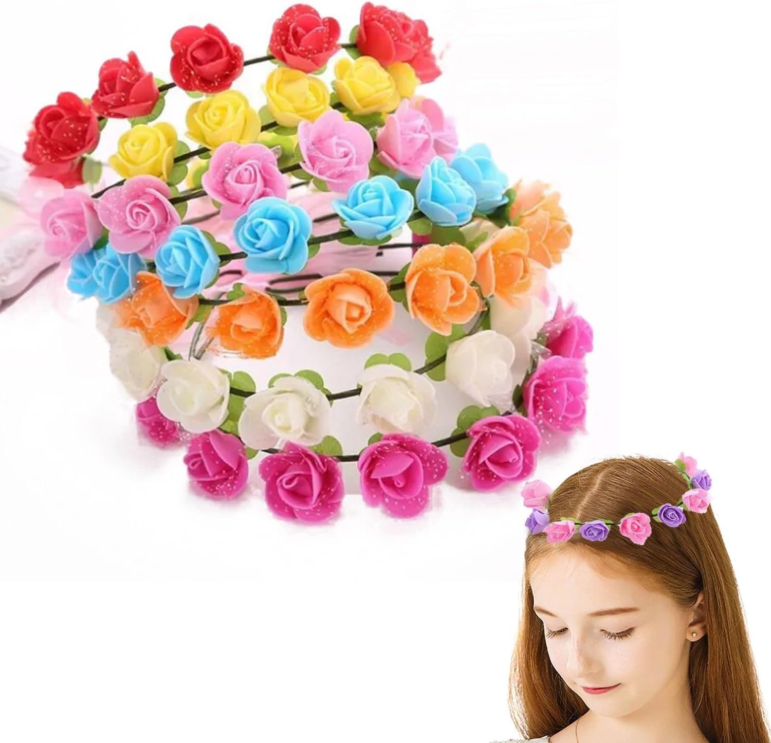 Home SmartHandMade Rose Flower Crown Assorted Color Pack of 10PCs for Wedding Travel Girl Festivals Flower Headpiece Decoration (10PCs Set)