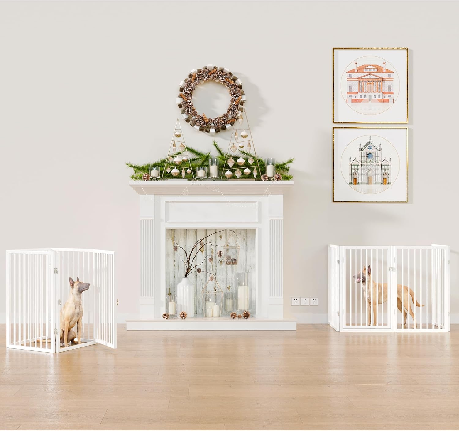 Vantas Folding No-Assembly Metal Pet Gate 80" Wide, 32" Extra Tall Dog Gate with Door Walk Through, Freestanding Accordion Puppy Gate Dog Door for Indoor & Outdoor, with 2PCS Support - White