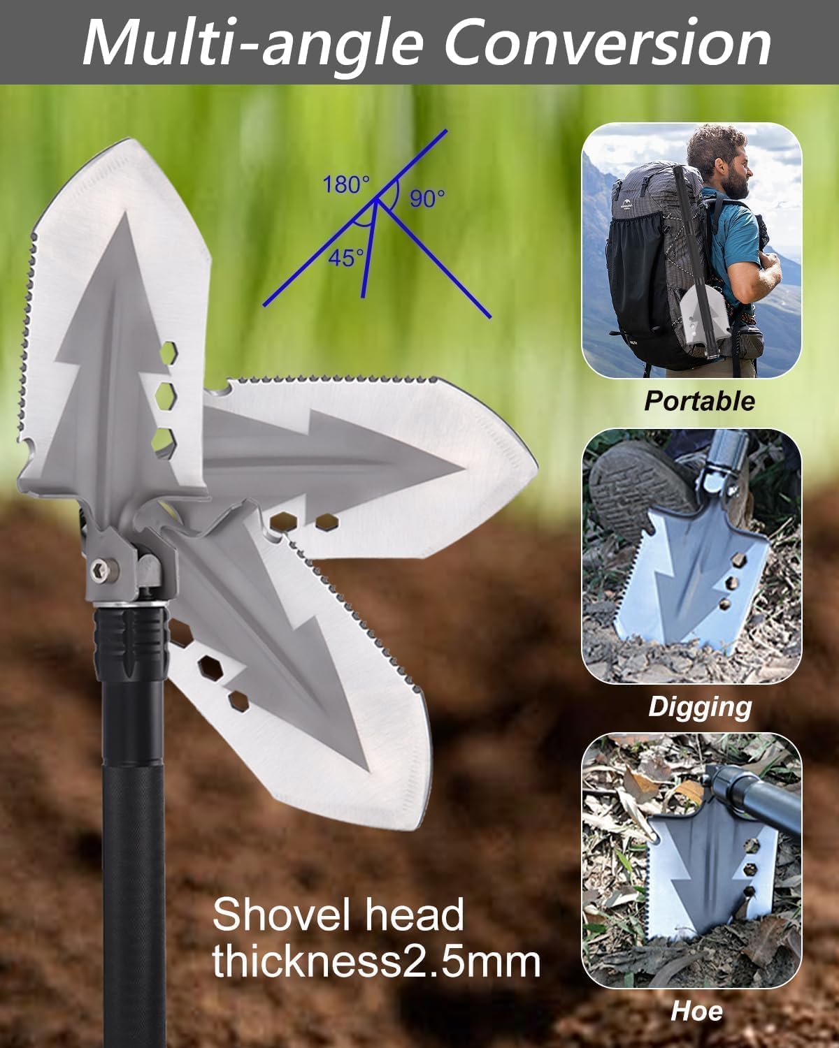 Pelle Pliante, Multifonctionnelle Pelle Pliable 78cm，Pelle avec 3 Combinaisons de Longueurs, Pelle Pliable 180 Degrés, Pelle de Survie pour Camping, Hors Route, Randonnée, Jardin, Chasse
