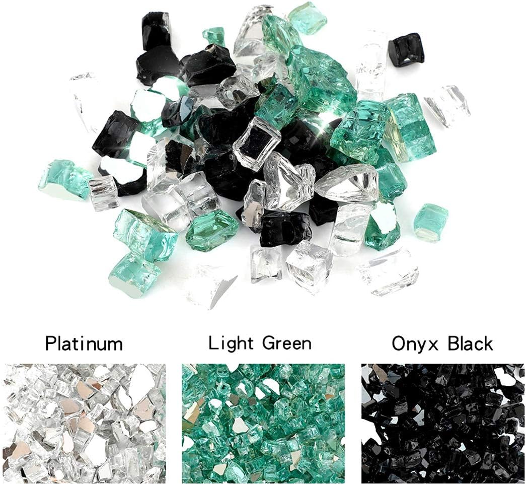 Skyflame 10-Pound Blended Fire Glass for Fire Pit Fireplace Landscaping - 1/4 Inch Reflective Tempered Fireglass Onyx Black, Platinum, Light Green