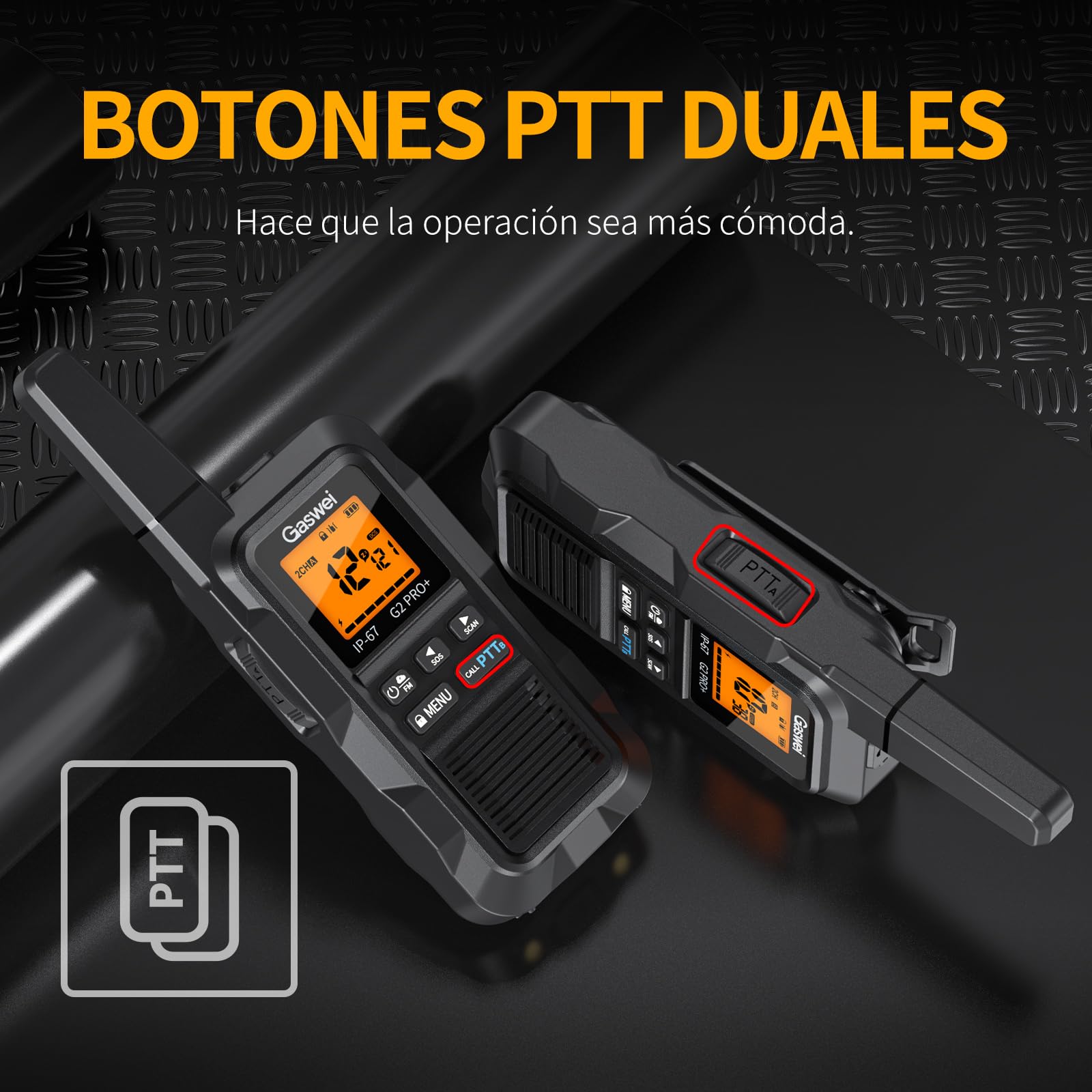 Gaswei G2Pro Walkie-talkies Profesionales para Adultos [IP67 Resistentes al Agua y flotantes] Radio de Largo Alcance con Doble PTT, Alarma SOS, Radio FM (2 Unidades - Negro) - 3