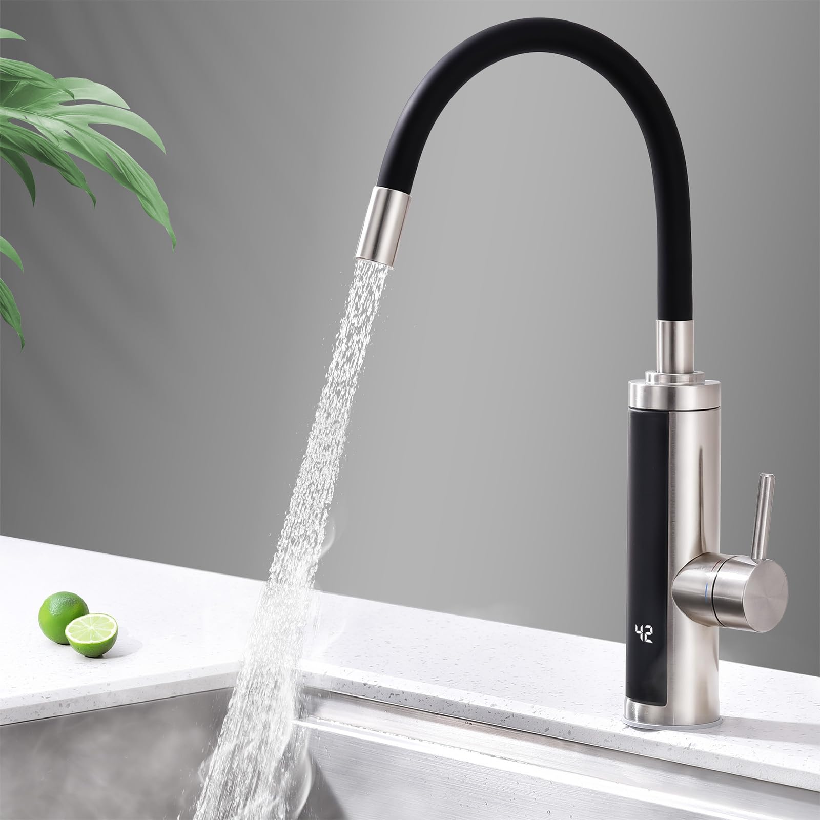 HOMELODY Wasserhahn mit Durchlauferhitzer 230V, 3300W Elektrischer Wasserhahn Sofort Heißes Küchenarmatur mit Flexibler Auslauf & LED-Display, Anti-Spritz Edelstahl Küchenarmatur, 360º Schwenkauslauf