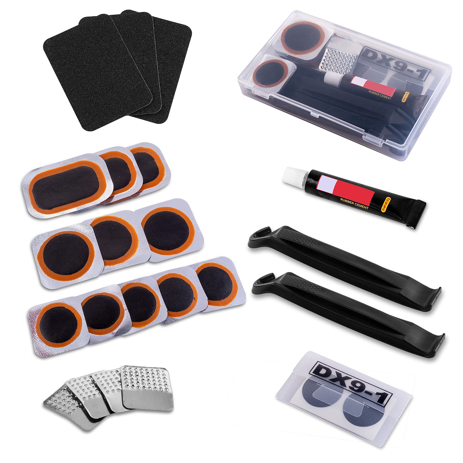 KOAREL Bike Tire Repair Kit Inner Tube Puncture Patch with Vulcanizing Patches,Glueless Patchs,Metal Rasp,Lever,Sandpaper,Portable Storage Box for Motorcycle,BMX Cycling, Inflatable (Black-1)
