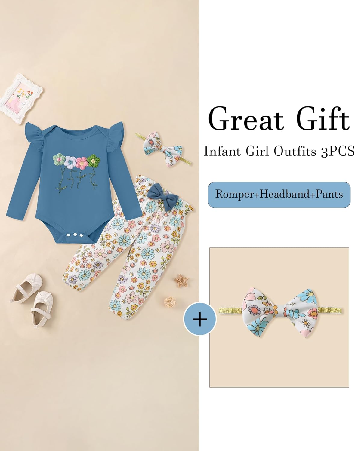 Baby Girl Clothes Newborn Infant Cotton Ruffle Romper+ Floral Pants + Headband Sets Fall Winter Outfits - Image 5