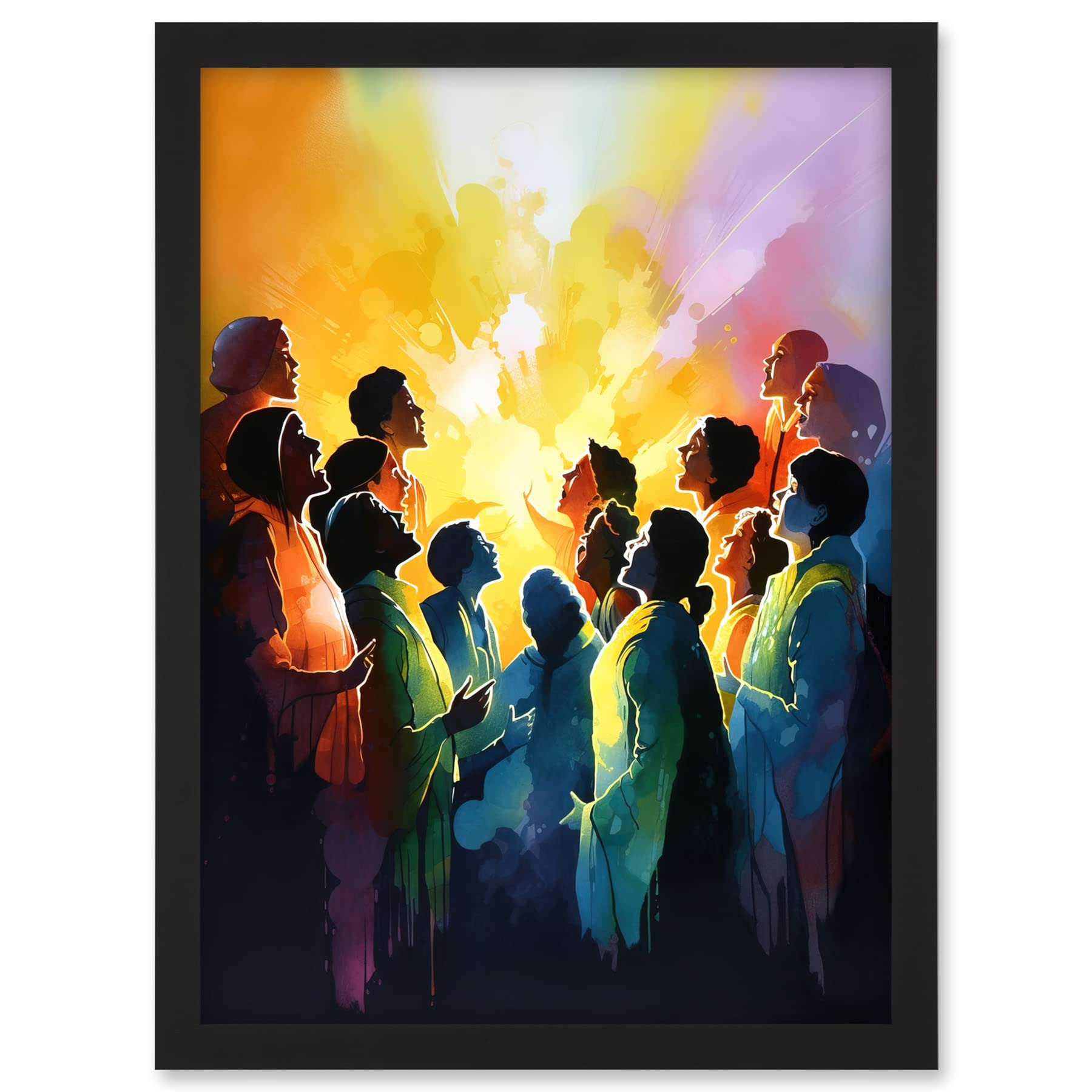 Artery8 Choir Women Singing by Bonfire Modern Rainbow Colour Watercolour Painting Artwork Framed A3 Wall Art Print