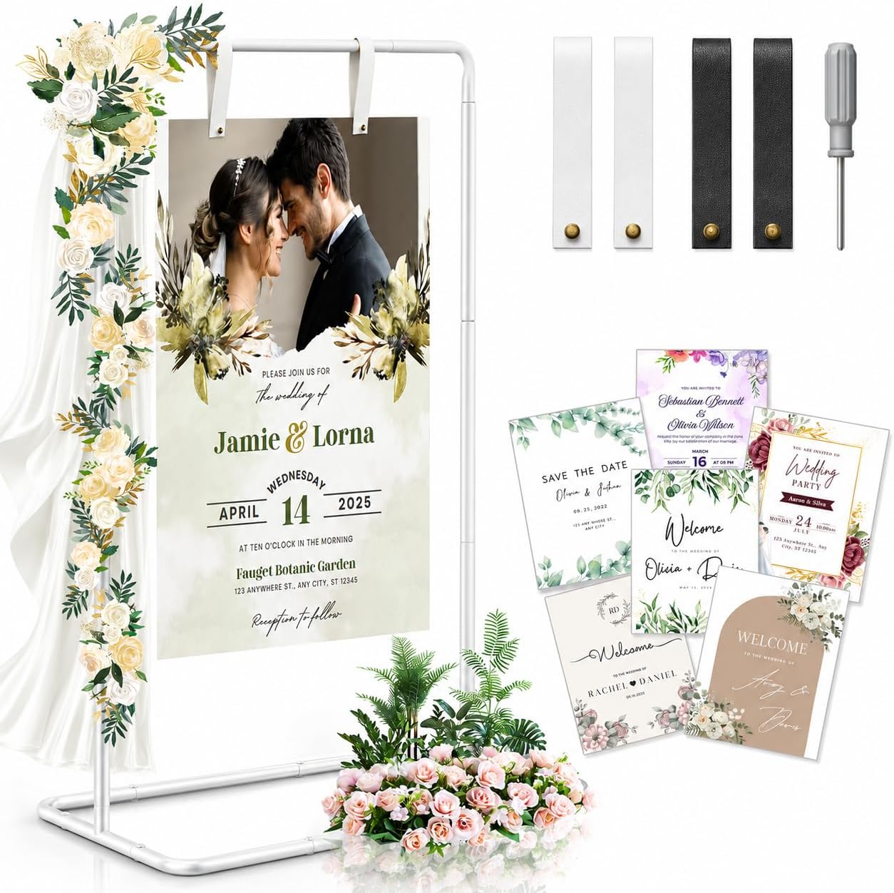 Elegant White Wedding Easel Stand for Signs, Adjustable 30x20x68 in Wedding Welcome Sign Display with 39 Premium Templates & Leather Straps, Sturdy Floor Easel for Wedding, Birthday, Anniversary & Party Decor
