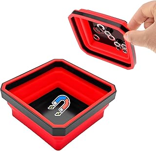 Collapsible Magnetic Parts Tray, 4.5 Inch Foldable Silicone Bowls with Double-Sided Magnetic Base, Parts Tray Organizer for Bolts Nuts Washers Pins Screws, Car Accessories (Red)