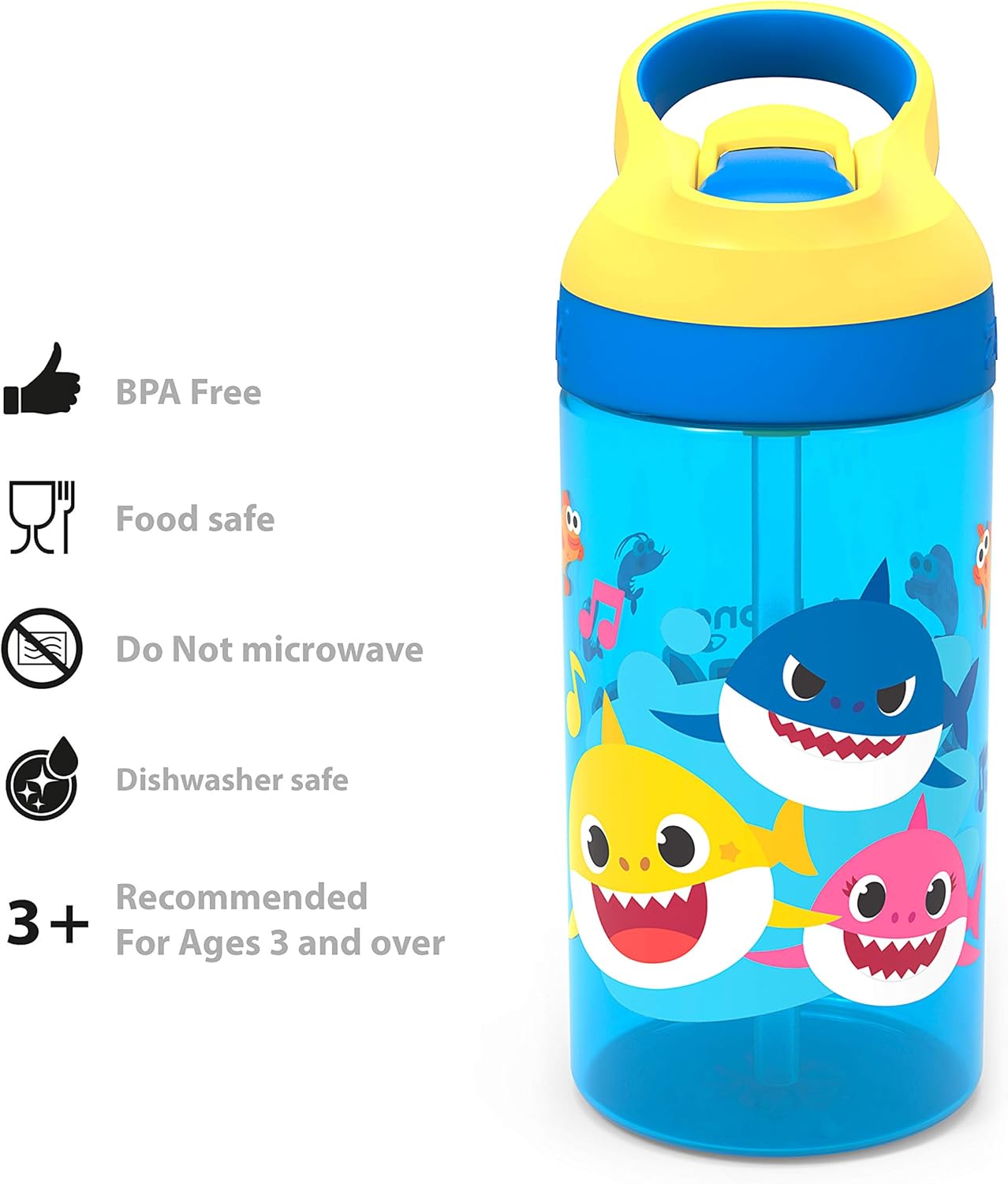 Zak Designs Baby Shark Kids Water Bottle with Straw and Built in Carrying Loop Made of Durable Plastic, Leak-Proof Design (16 oz: Home & Kitchen