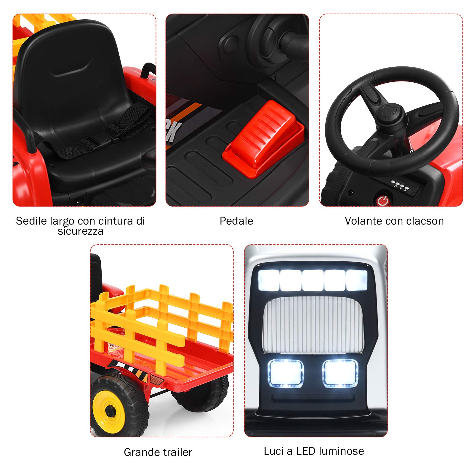COSTWAY Trattore con Rimorchio Cavalcabile per Bambini 12V, Trattore Elettrico Telecomandato, con Luci e Suoni, 30kg, 3+ Anni (Rosso)