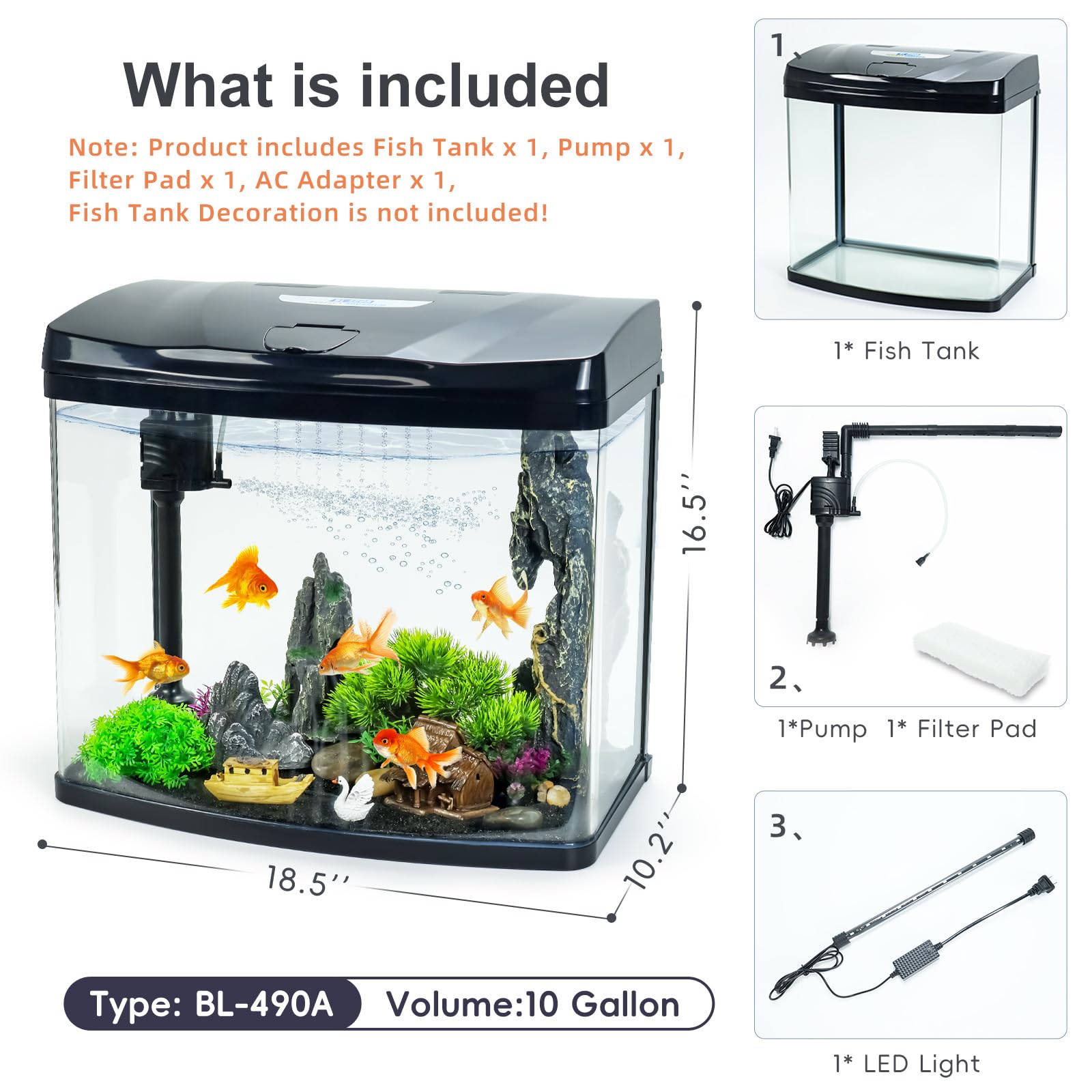 Bluecoco Glass Aquarium Starter Kit with Flip-Top Feeding Port for Betta Fish: Crystal Clear 360Â° Viewing, Eco-Cycle Filtration, Air Pump, and LED Lighting