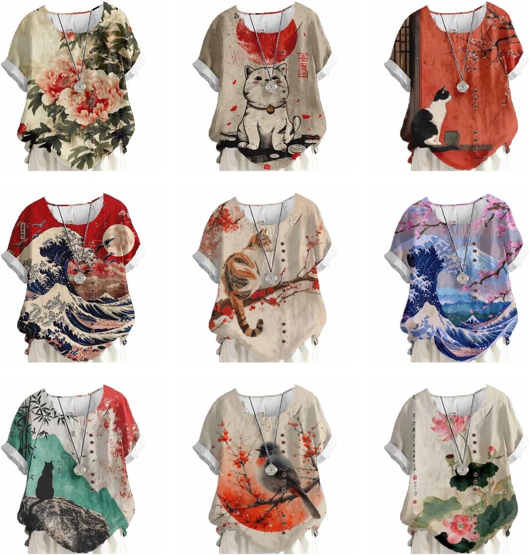 Japanese Art Summer Blouse for Women Graphic Fit Boho Top Dressy Casual Tee Short Sleeve Crew Neck Shirts - Image 4