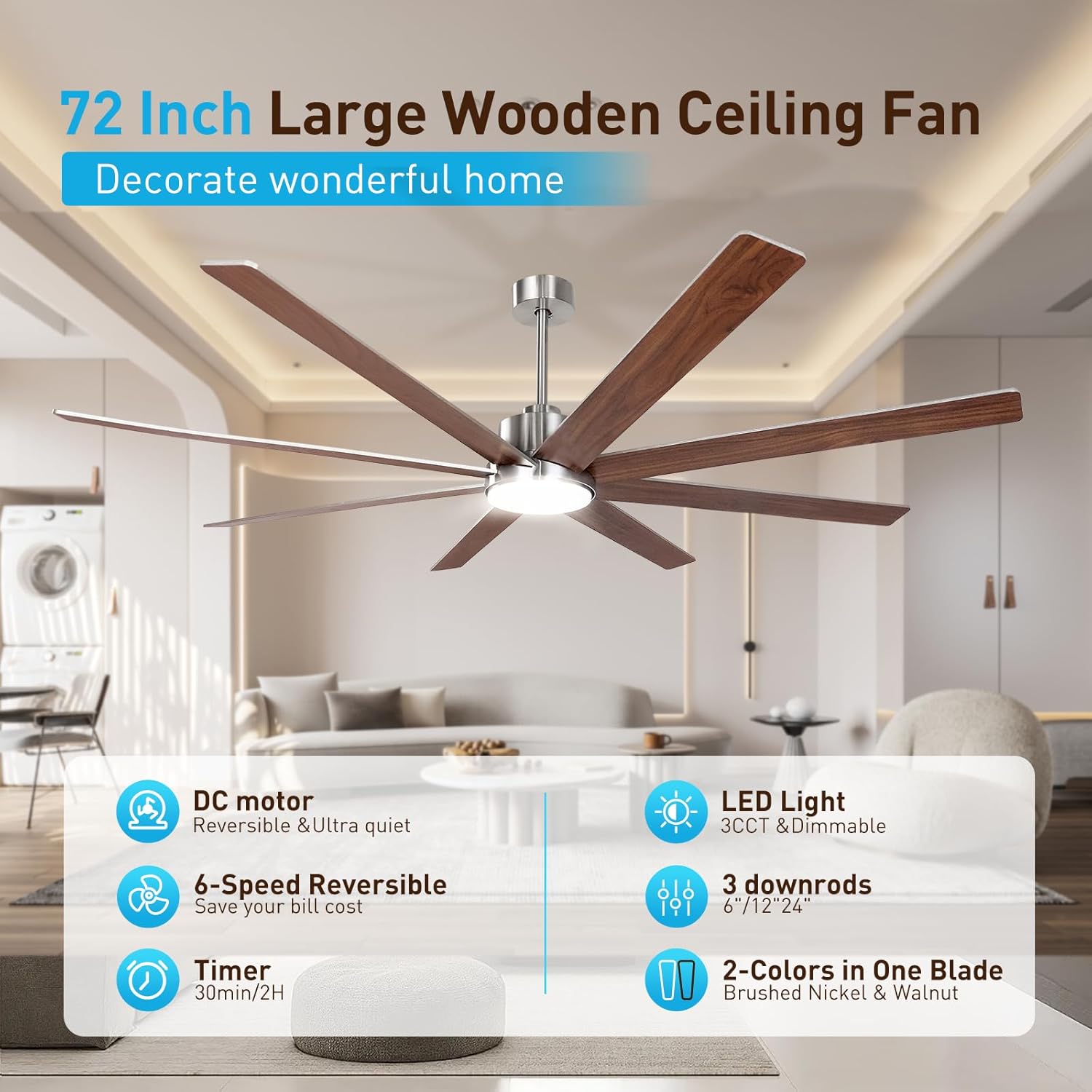 72Inch Large Brushed Nickel Ceiling Fans with Light and Remote Control,8 Wooden Blades,6-Speeed,3CCT,Quiet Reversible DC Motor,Indoor Outdoor Ceiling Fan for Patio/Living Room/Garden - Image 2