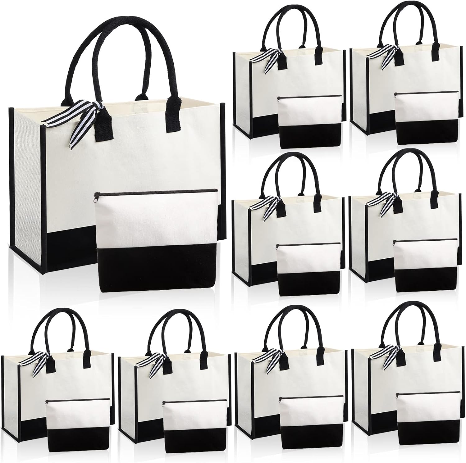 Sumind 16 Pcs Canvas Tote Bags Bulk Burlap Large Black and White Tote with Handles Ribbon Makeup Bags Gift for Women Beach Wedding Bridesmaid Gifts DIY Craft