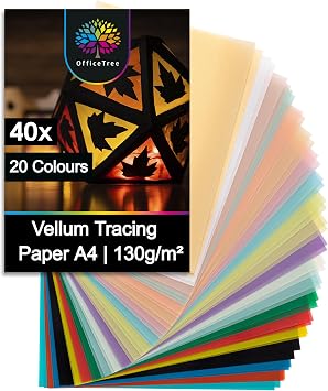 OfficeTree 40 x Coloured Vellum Paper A4 for Craft - 20 Colours Gold & Silver - Printable Vellum Sheets - Coloured Parchment Paper for Craft - Translucent Papers for Making Lanterns