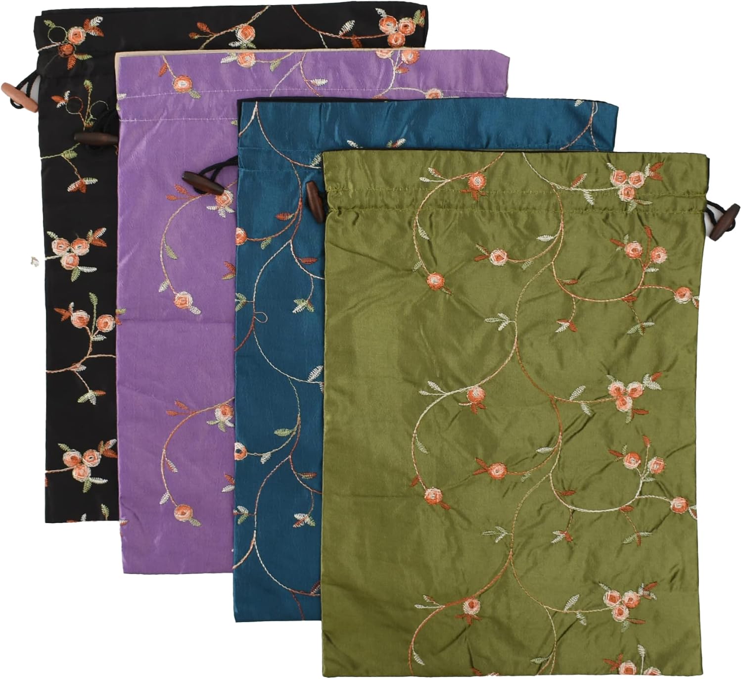 Embroidery Silk Flower Shoe Bag 4Pcs Drawstring Silk Travel Bag Jacquard Underwear Bags Washable Big Sachet Bag Storage Bags for Men Women
