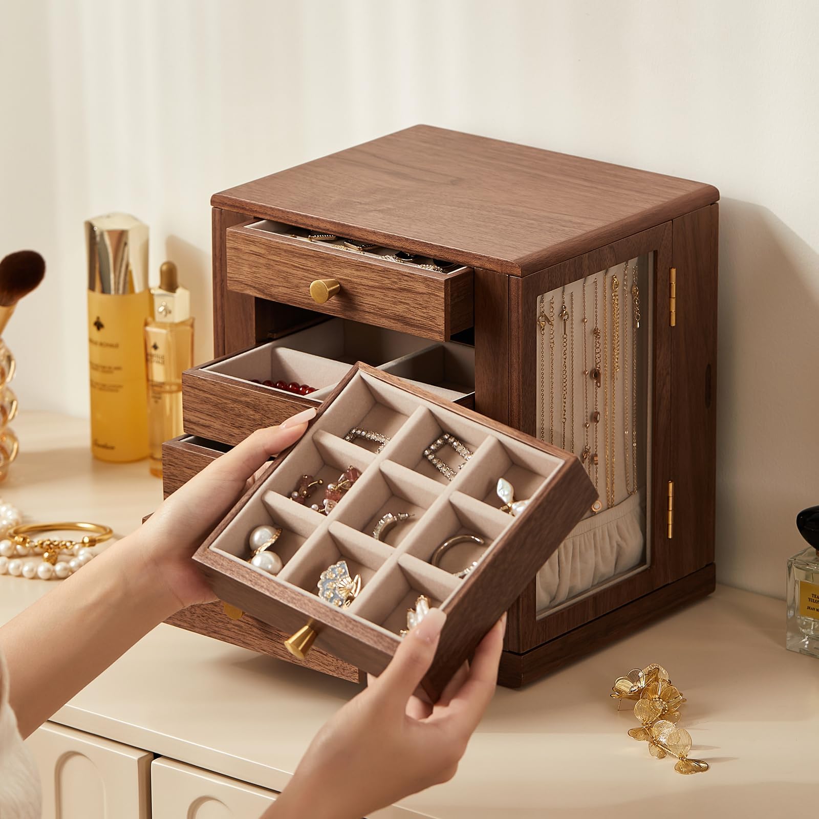 grande Joyero de nogal negro, organizador de joyas de madera giratorio 360° con cinco cajones y ventanas laterales de vidrio, Regalo para Ella