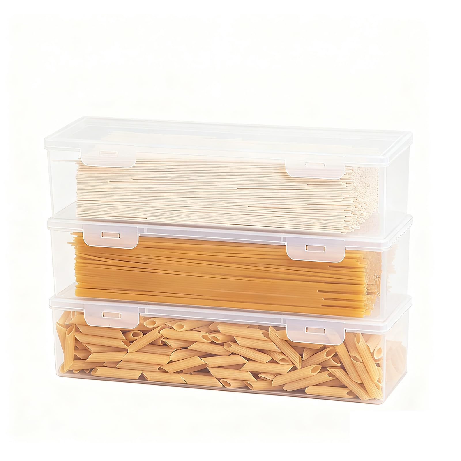 Punorric 3 Pcs Pasta Storage Containers, 1.5L Clear Rectangle Spaghetti Storage Jar with Lid, Stackable Airtight Spaghetti Jars for Kitchen, Plastic Food Organizer Canisters for Cereal Oatmeal