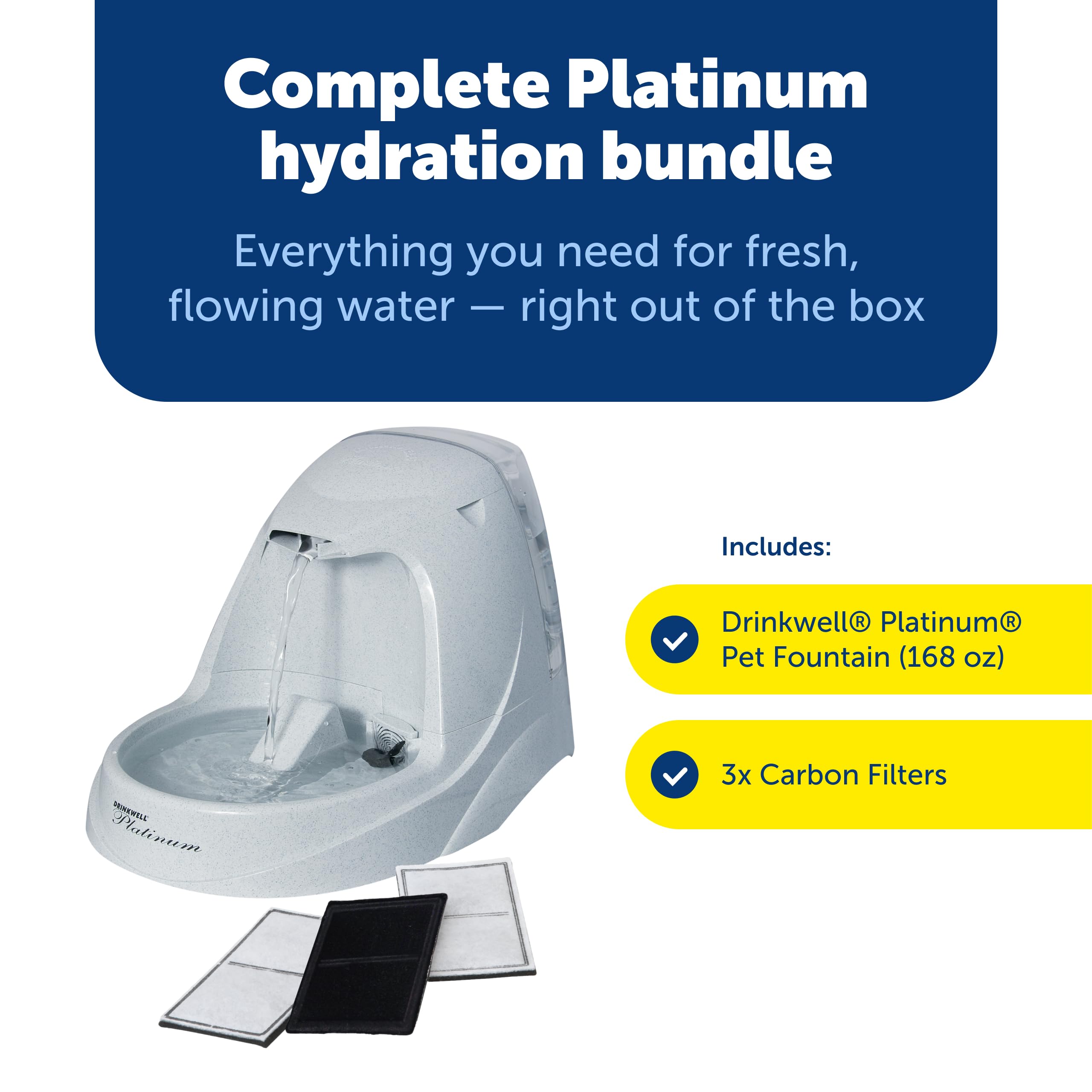 PetSafe Drinkwell Platinum - Fuente de Agua para Gatos – Fuente para Mascotas para Todos los tamaños de Mascotas, fomenta más Beber, Incluye 3 filtros de Carbono de Repuesto adicionales, Uso en
