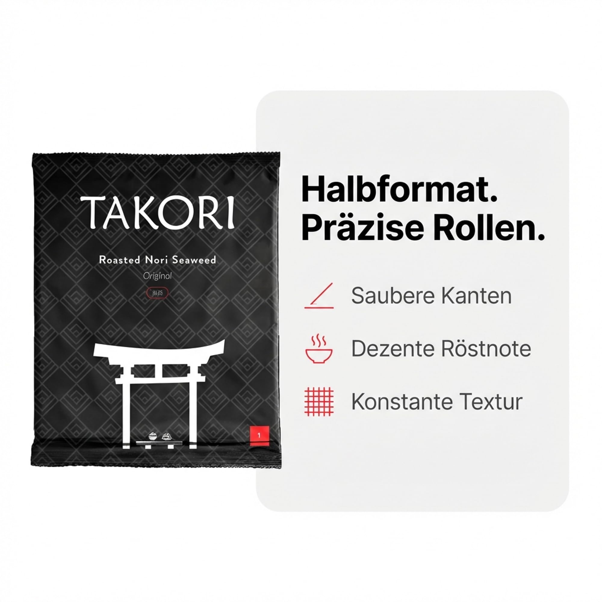 Takori Nori Blätter Original Halb 10x 100 Blatt für Sushi, Maki und Onigiri, gerösteter Nori-Seetang, gleichmäßige Textur, vegan und glutenfrei